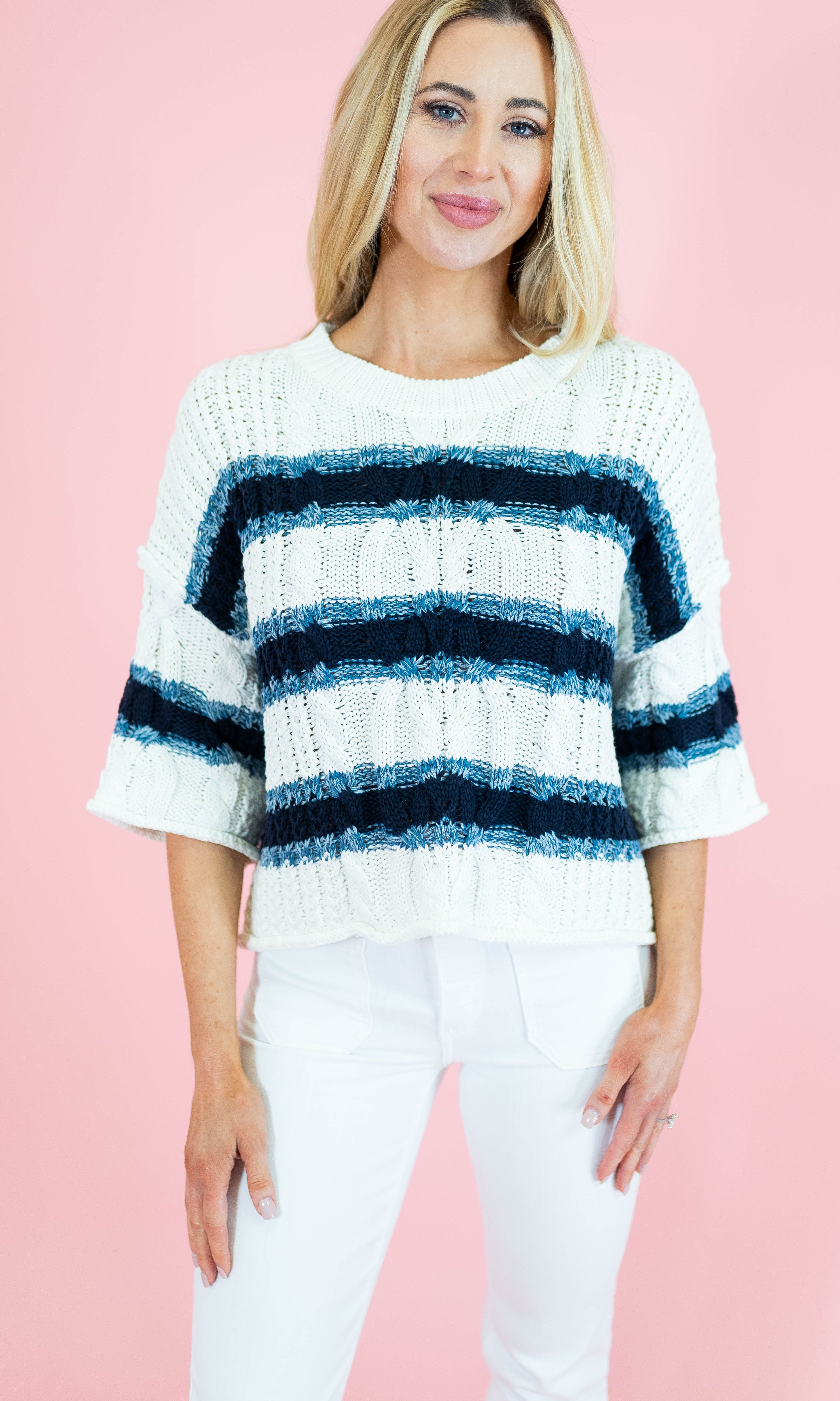 Cable & Stripe 3/4 Sleeve Knit Sweater - Obsession Boutique