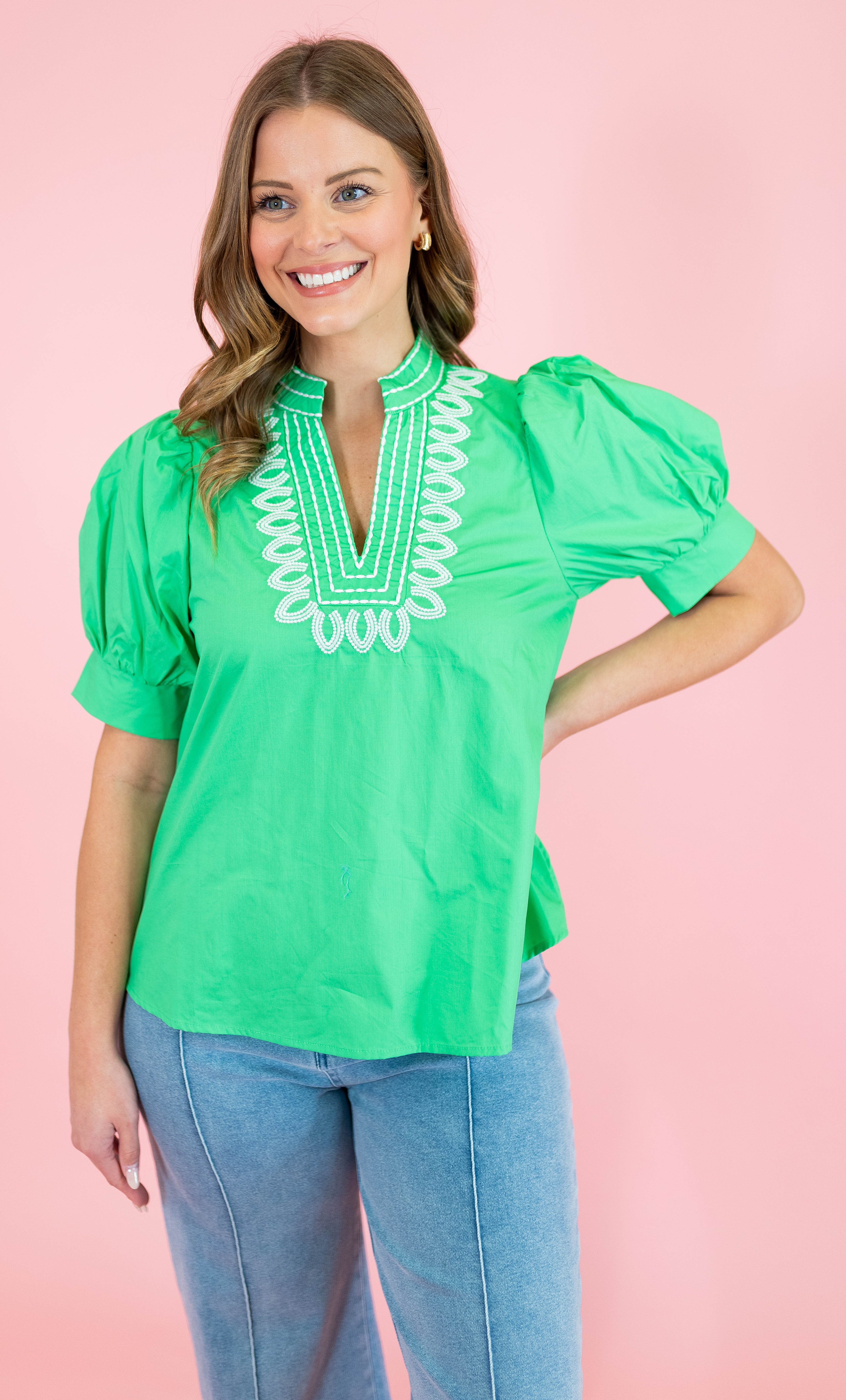 Stitched Charm Puff Sleeve Top - Obsession Boutique
