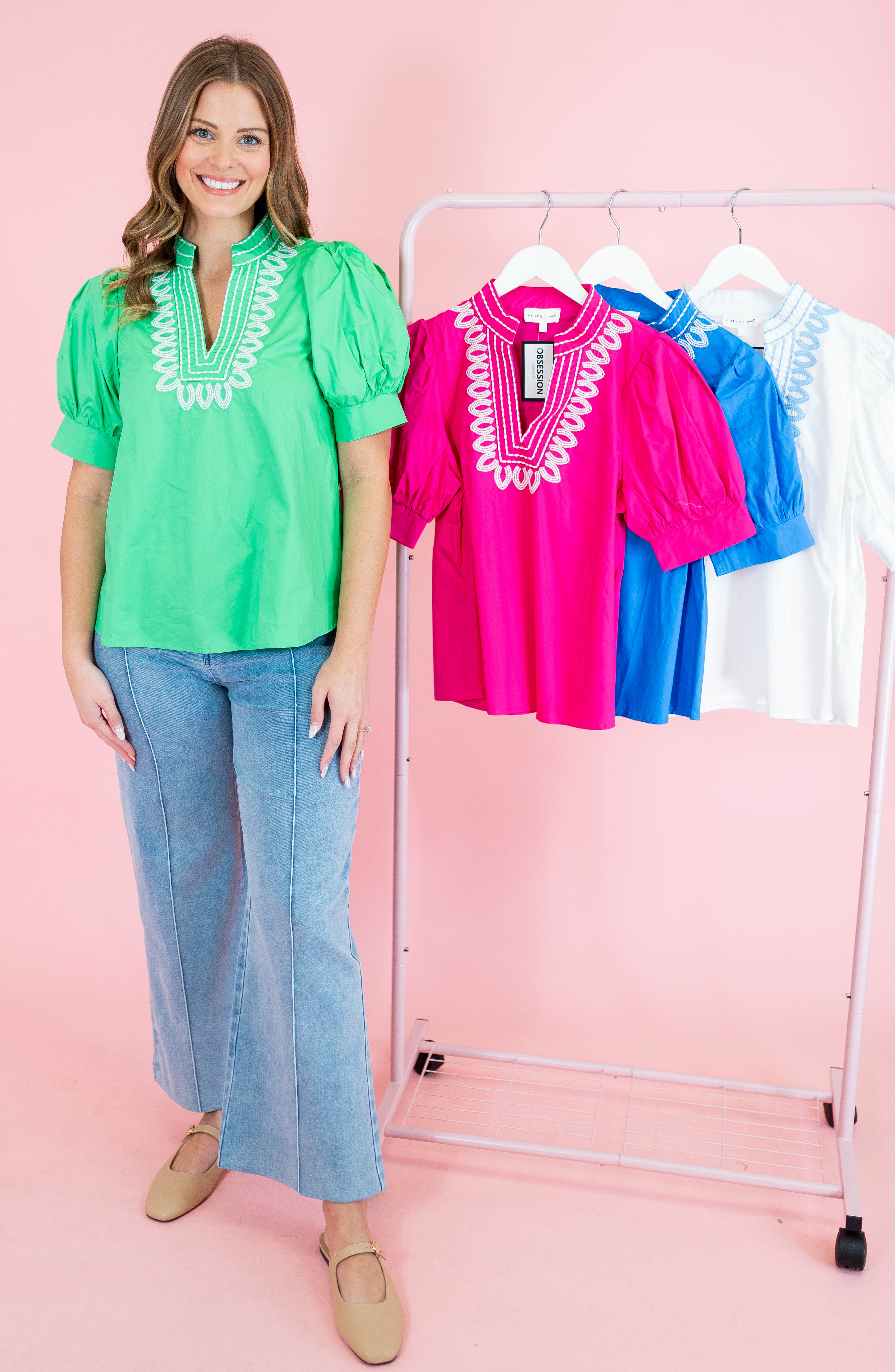 Stitched Charm Puff Sleeve Top - Obsession Boutique