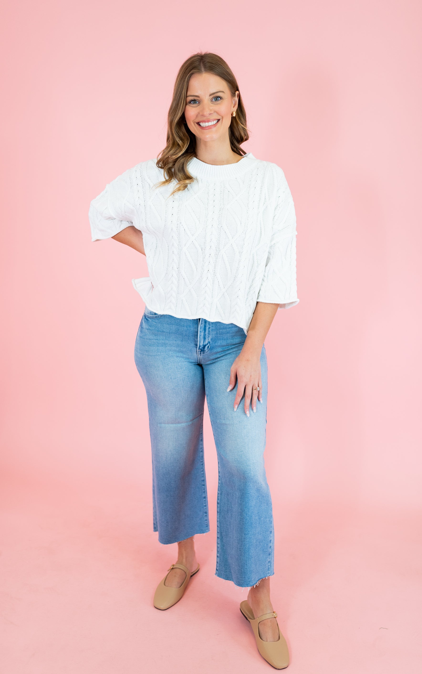 Solid 3/4 Sleeve Pullover Knit Sweater - Obsession Boutique