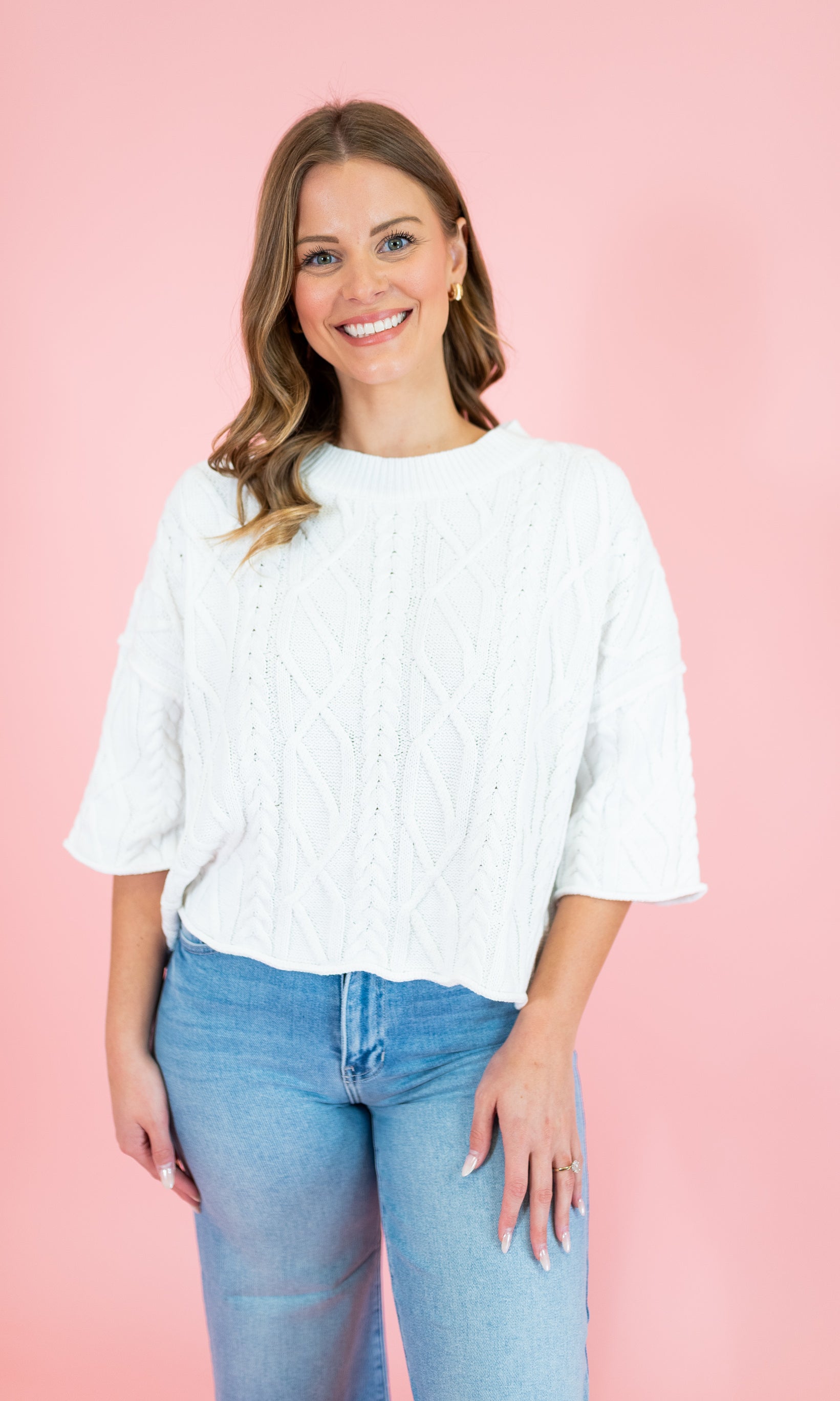 Solid 3/4 Sleeve Pullover Knit Sweater - Obsession Boutique