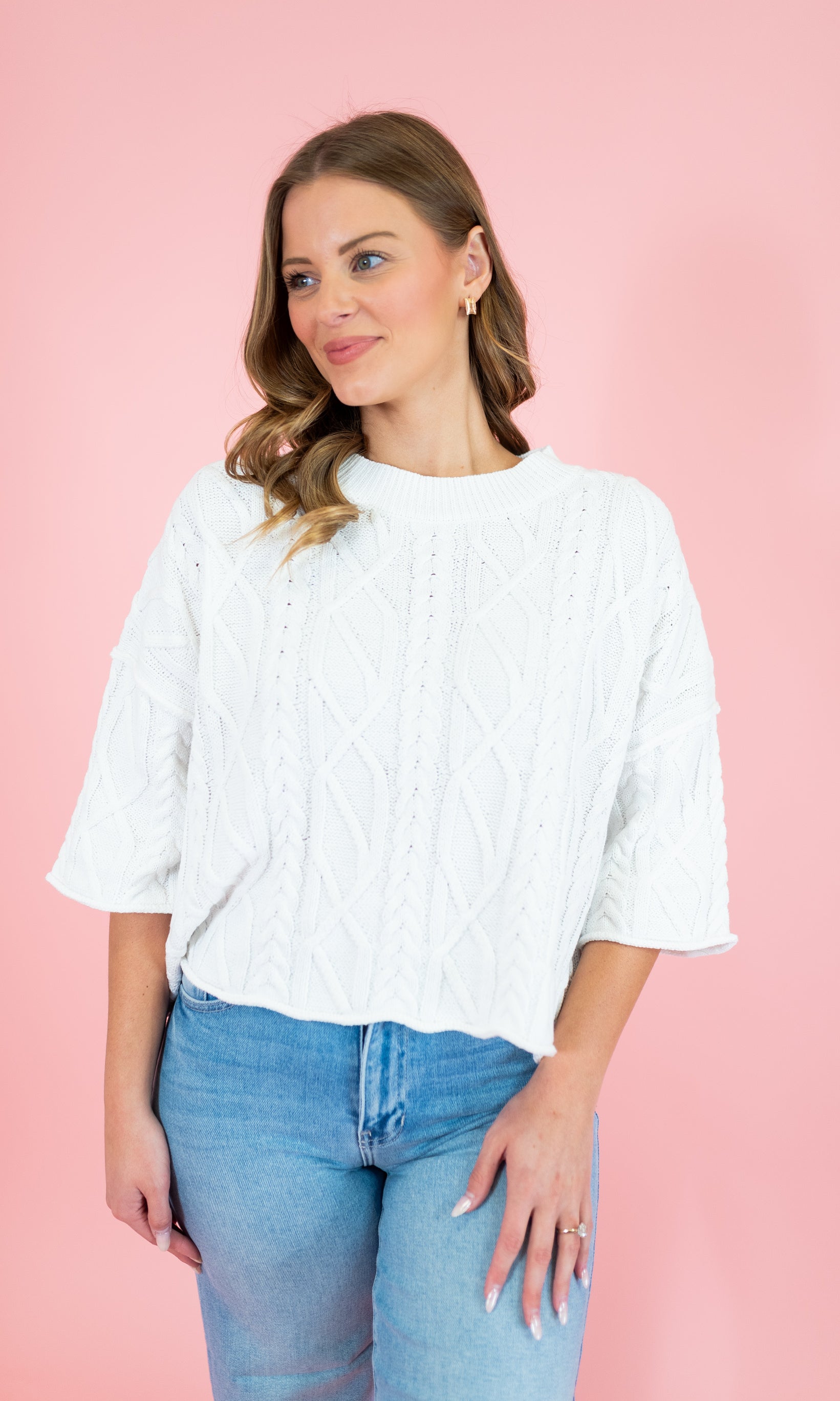 Solid 3/4 Sleeve Pullover Knit Sweater - Obsession Boutique