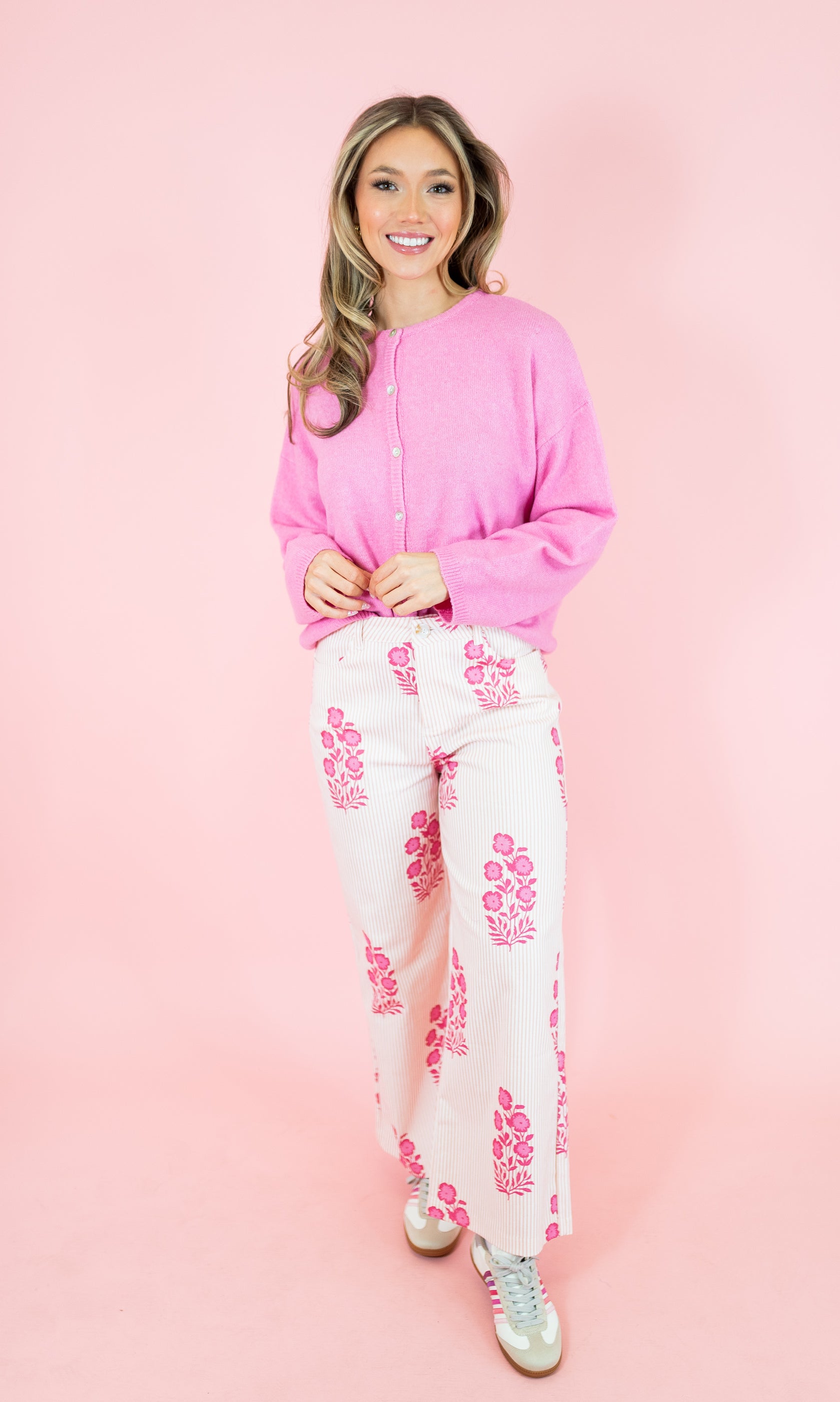 Long Sleeve Soft Crew Neck Sweater Cardigan - Pink - Obsession Boutique