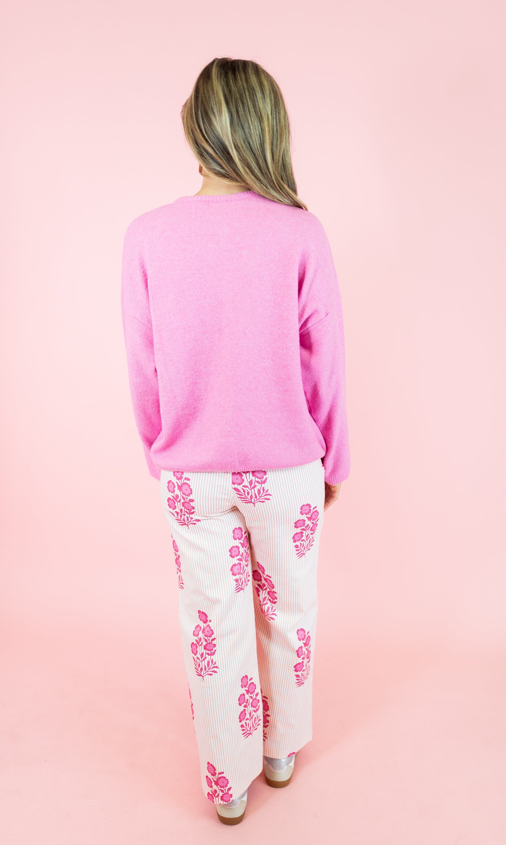 Long Sleeve Soft Crew Neck Sweater Cardigan - Pink - Obsession Boutique