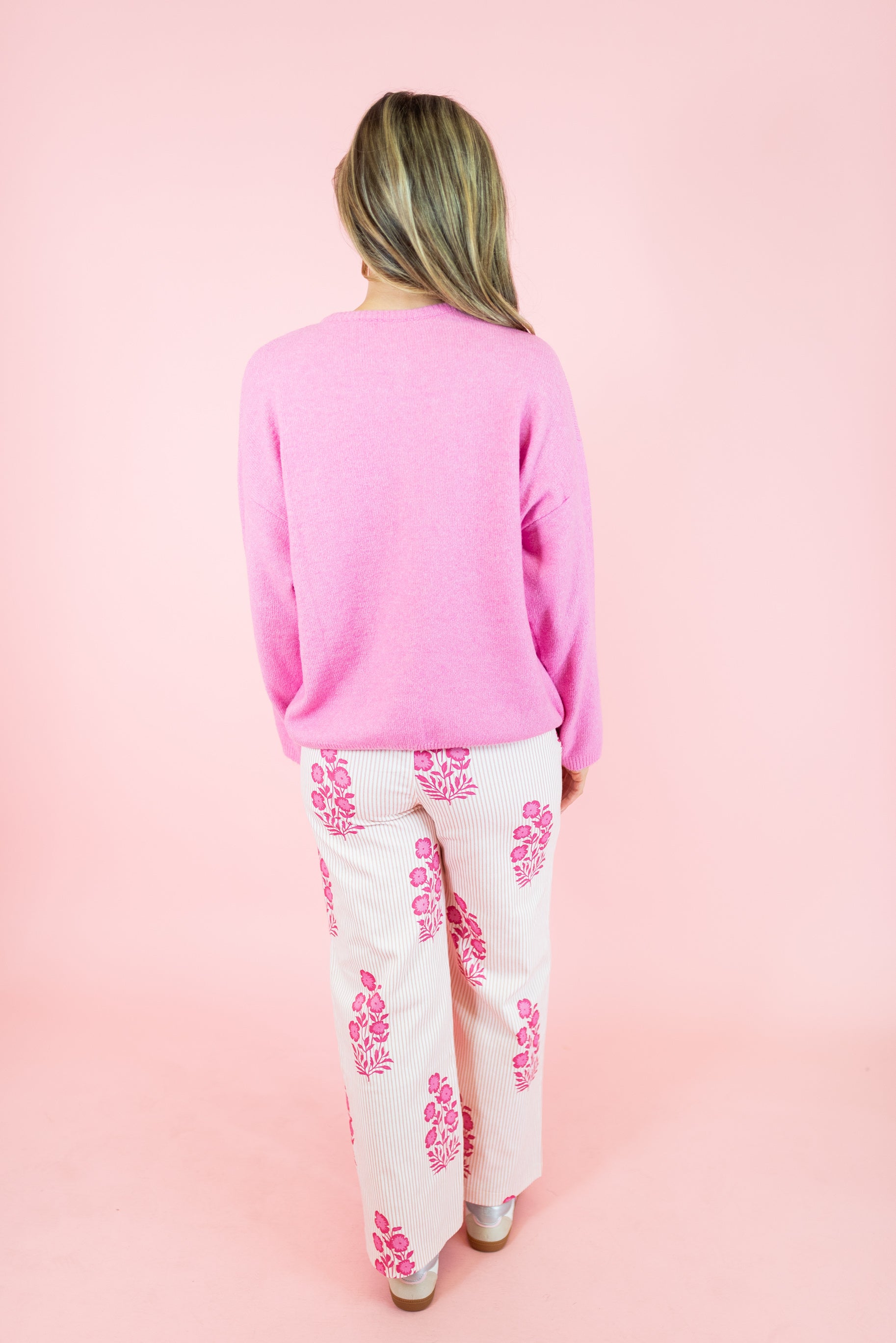 Long Sleeve Soft Crew Neck Sweater Cardigan - Pink - Obsession Boutique