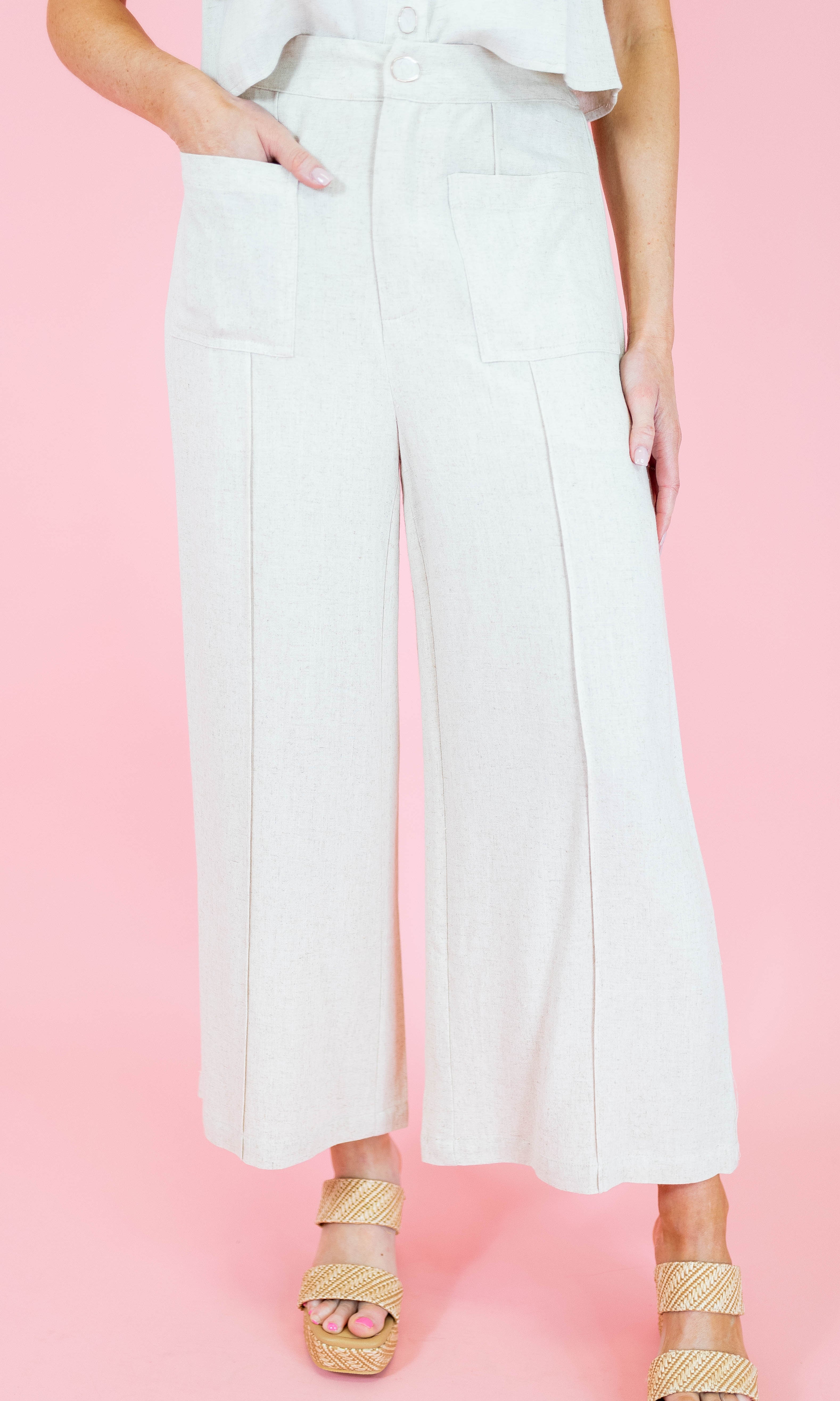 Oatmeal Linen Patch Pocket Pants - Obsession Boutique
