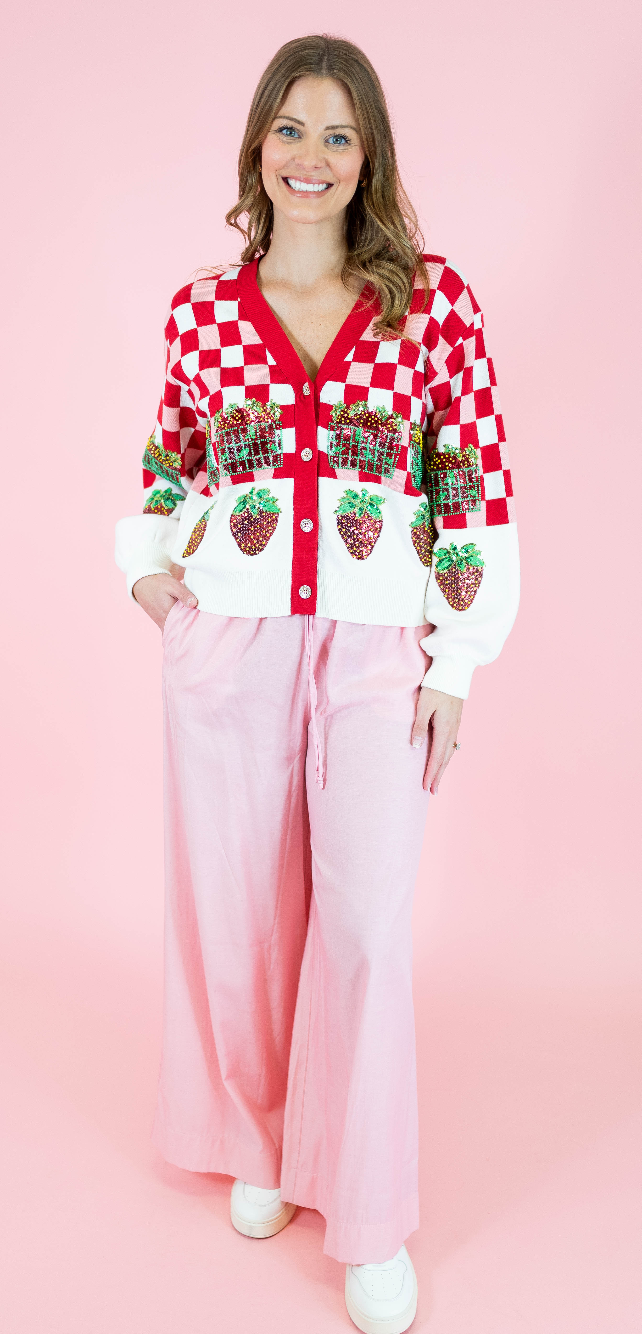 Queen Of Sparkles: Checkered Strawberry Button Up Cardigan - Obsession Boutique
