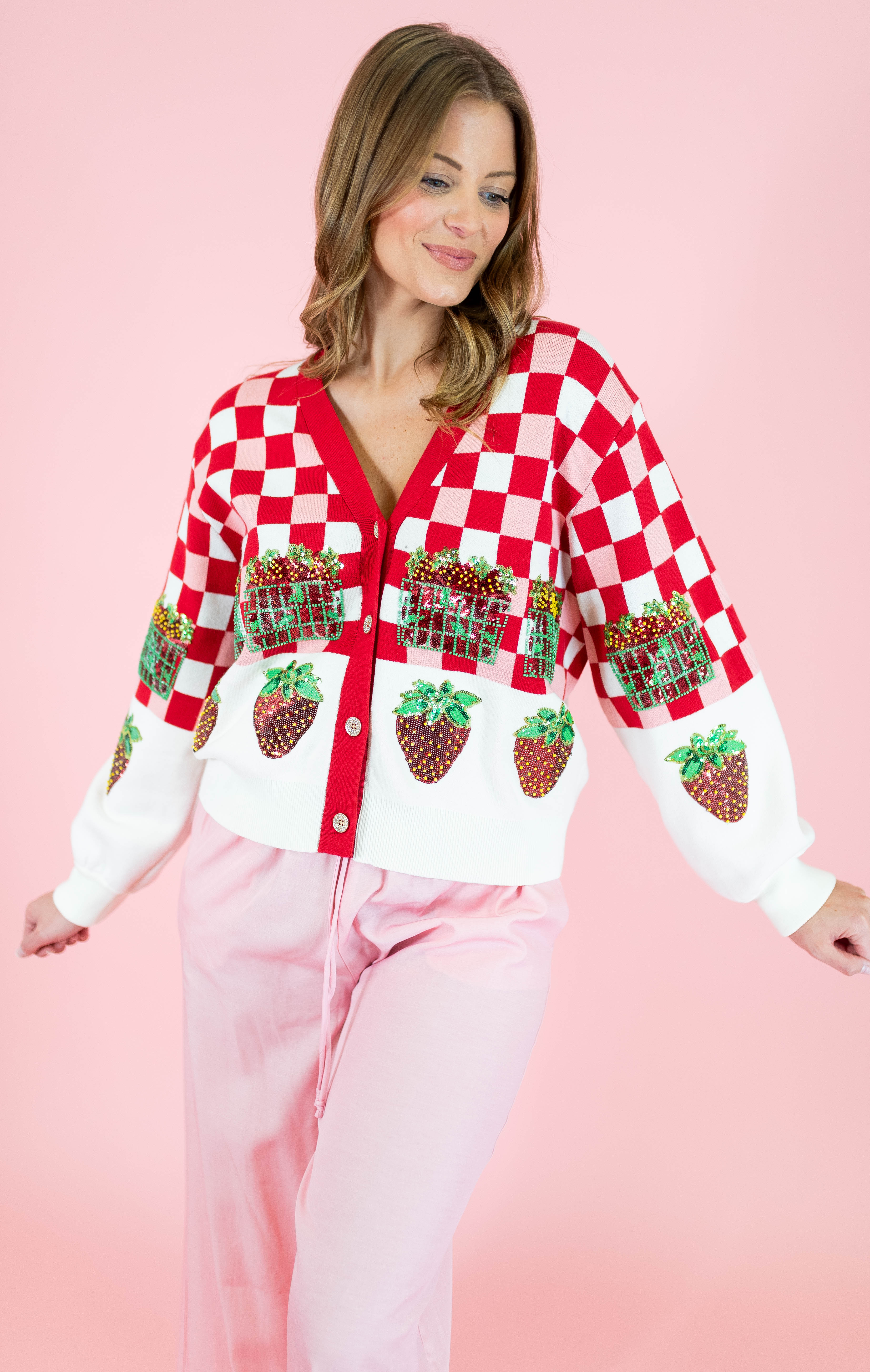 Queen Of Sparkles: Checkered Strawberry Button Up Cardigan - Obsession Boutique