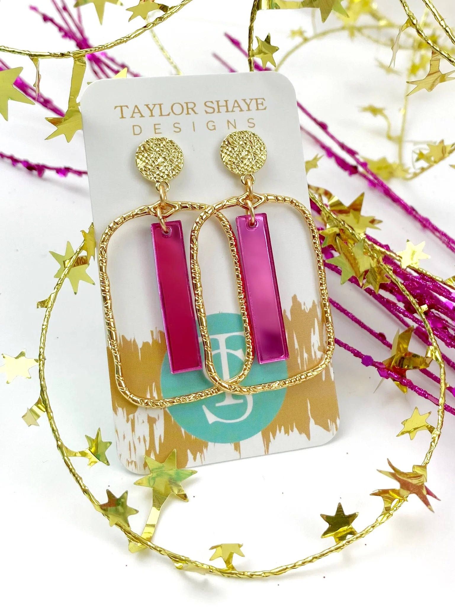Taylor Shaye: Pink Mirror Stick Hoop Earrings - Rectangle - Obsession Boutique