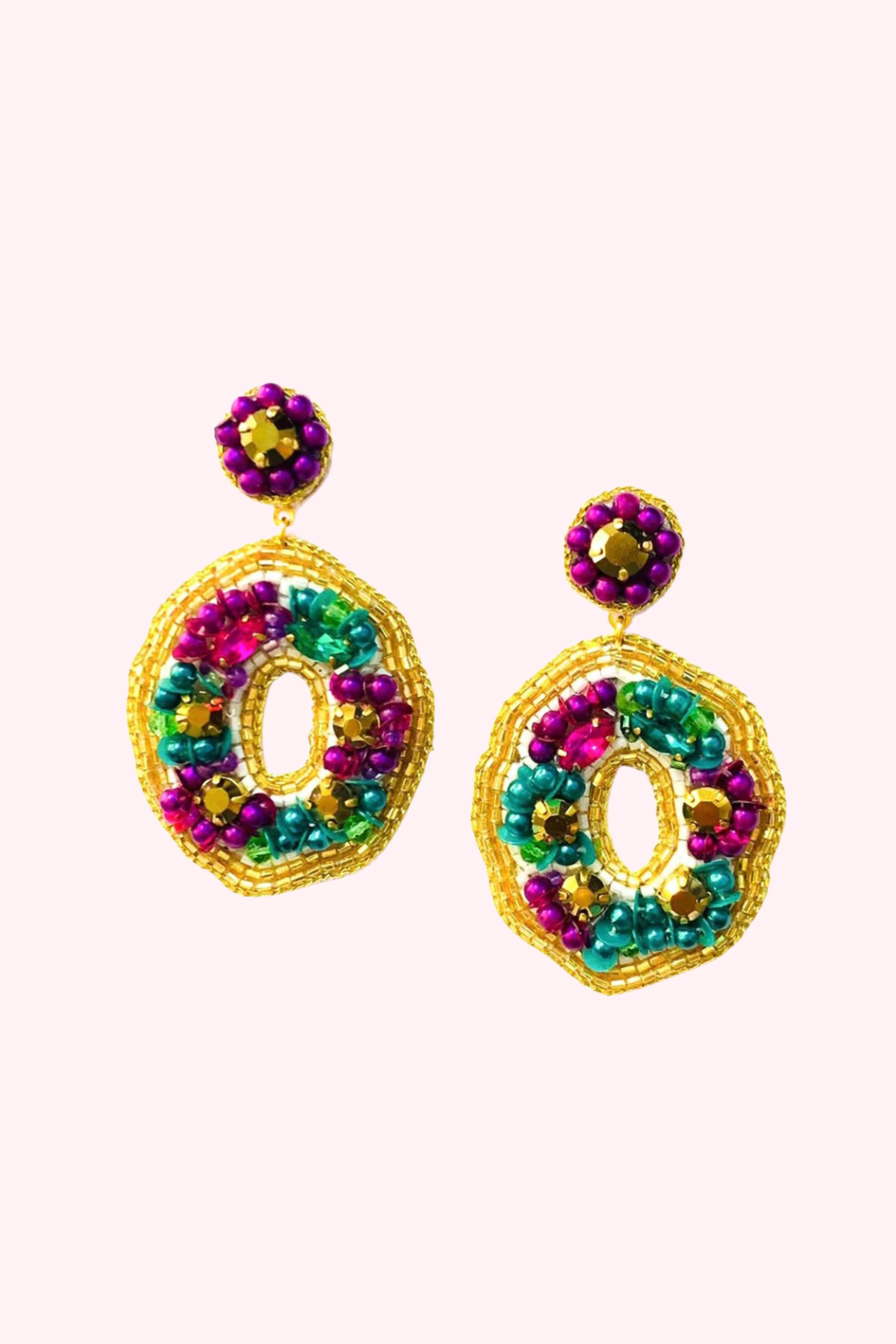 Golden Lily: Mardi Gras Rhinestone King Cake Dangle Earrings - Obsession Boutique