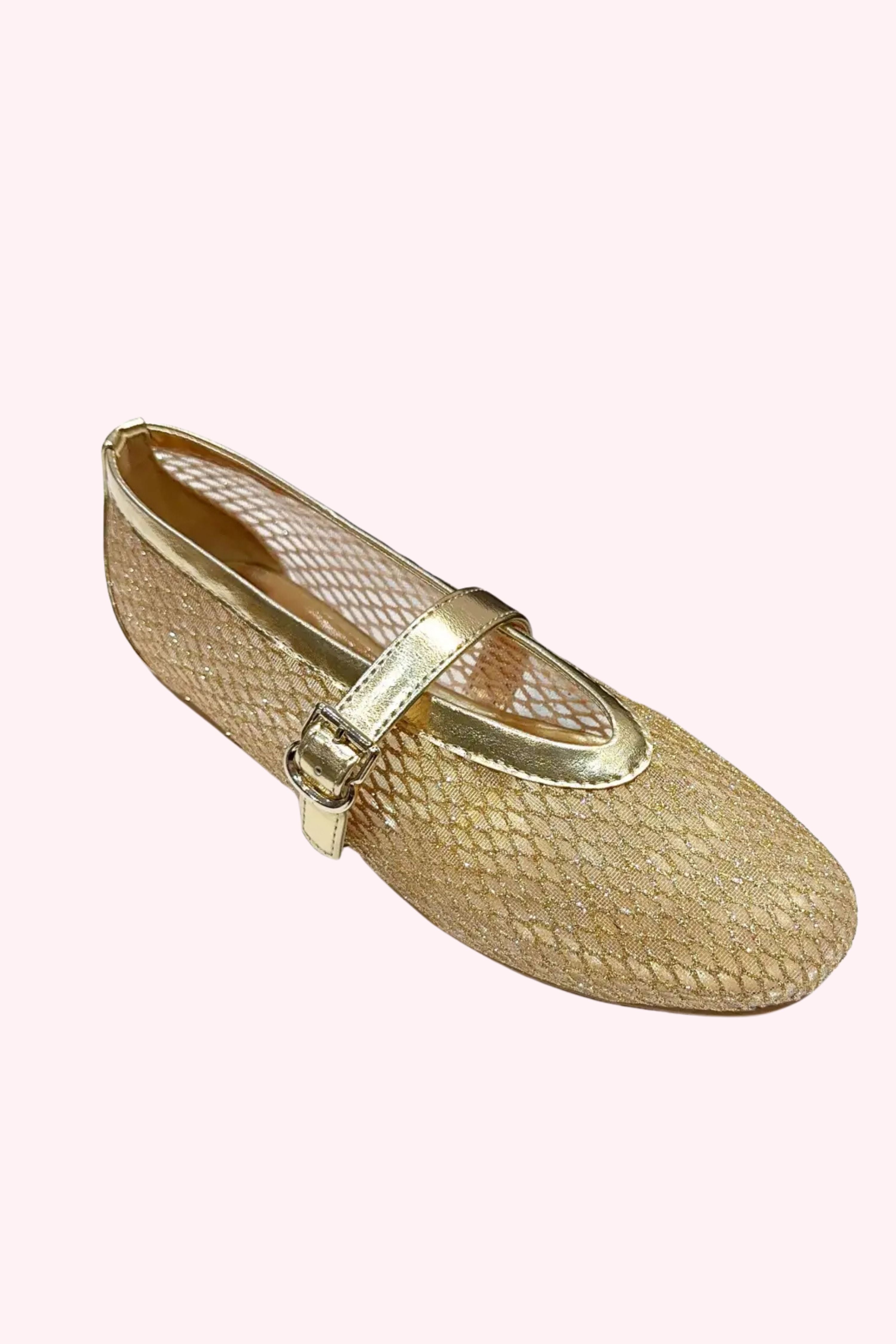 Fishnet Mesh Upper Round Toe Ballet Flat - Gold - Obsession Boutique