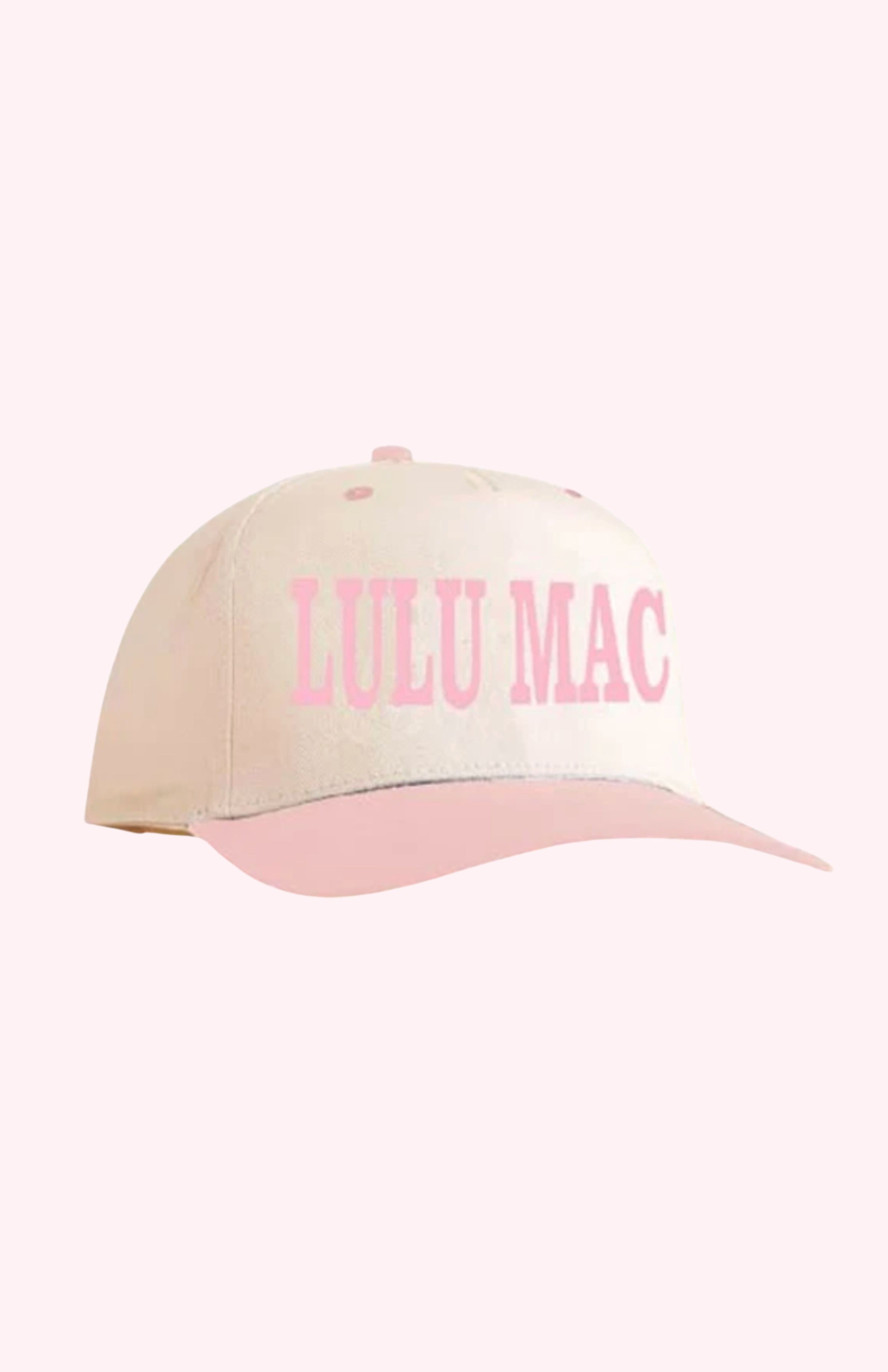 Beige and pink cap with 'LULU MAC' branding on a white background