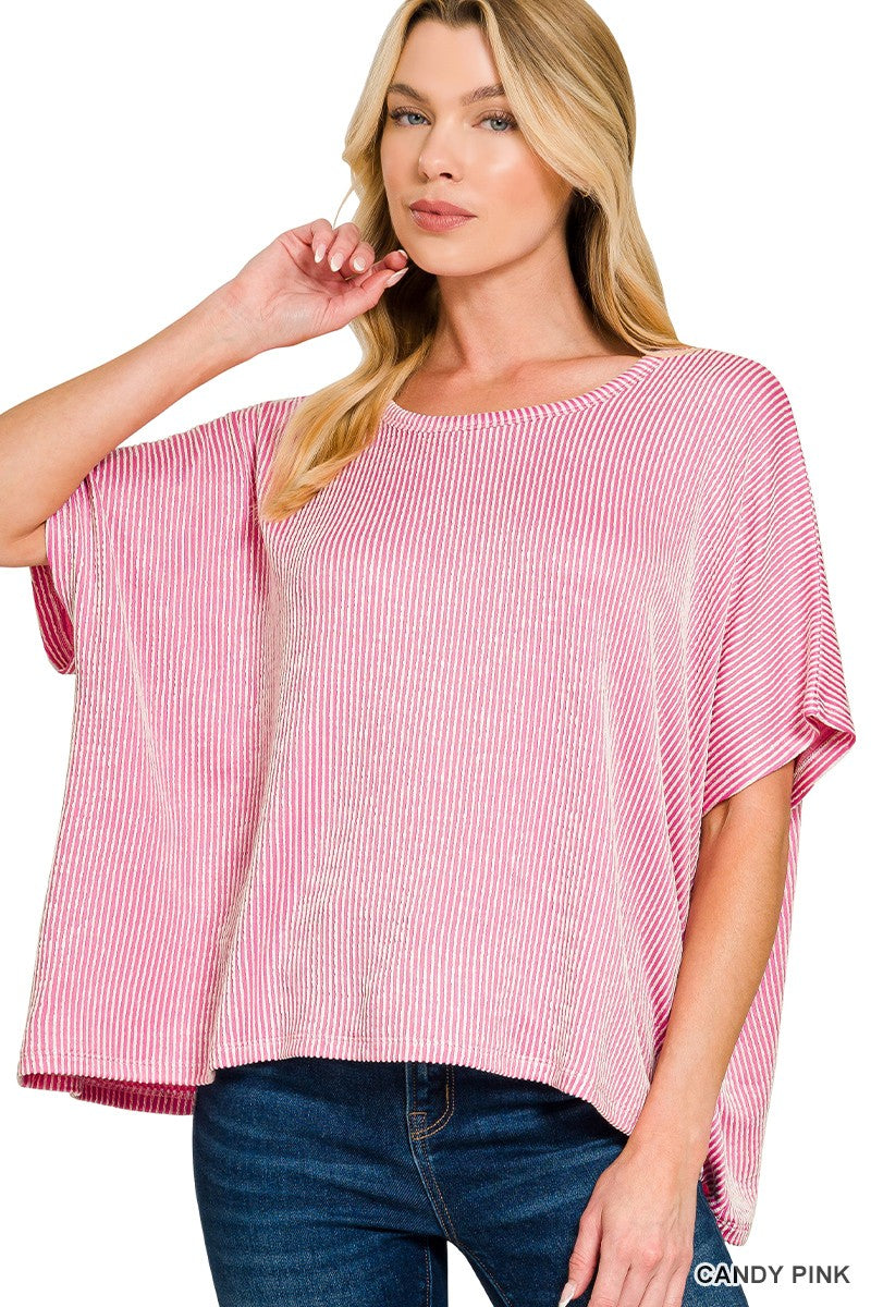 Ribbed Striped Oversized Short Sleeve Top - Obsession Boutique