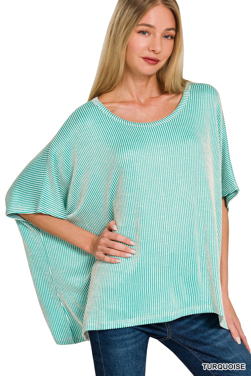 Ribbed Striped Oversized Short Sleeve Top - Obsession Boutique