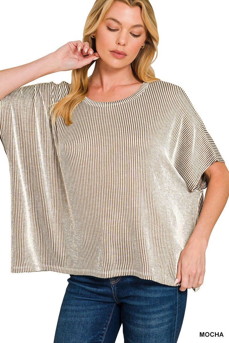 Ribbed Striped Oversized Short Sleeve Top - Obsession Boutique