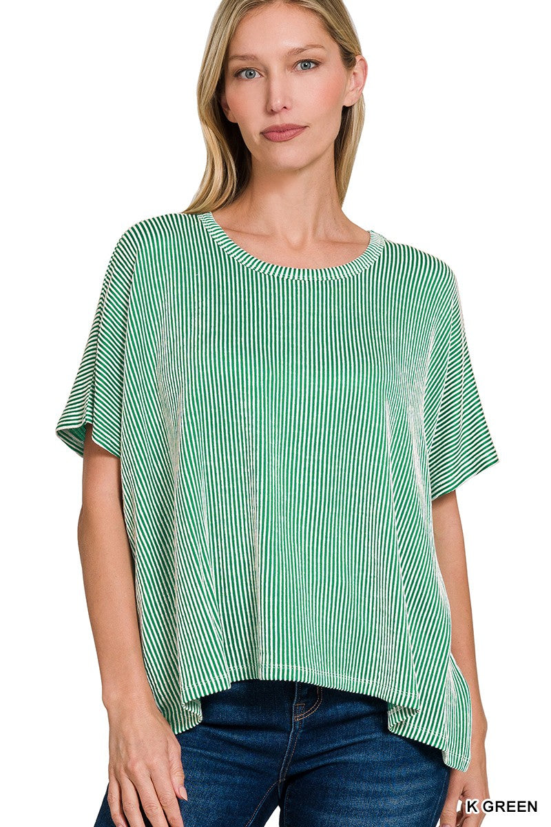 Ribbed Striped Oversized Short Sleeve Top - Obsession Boutique