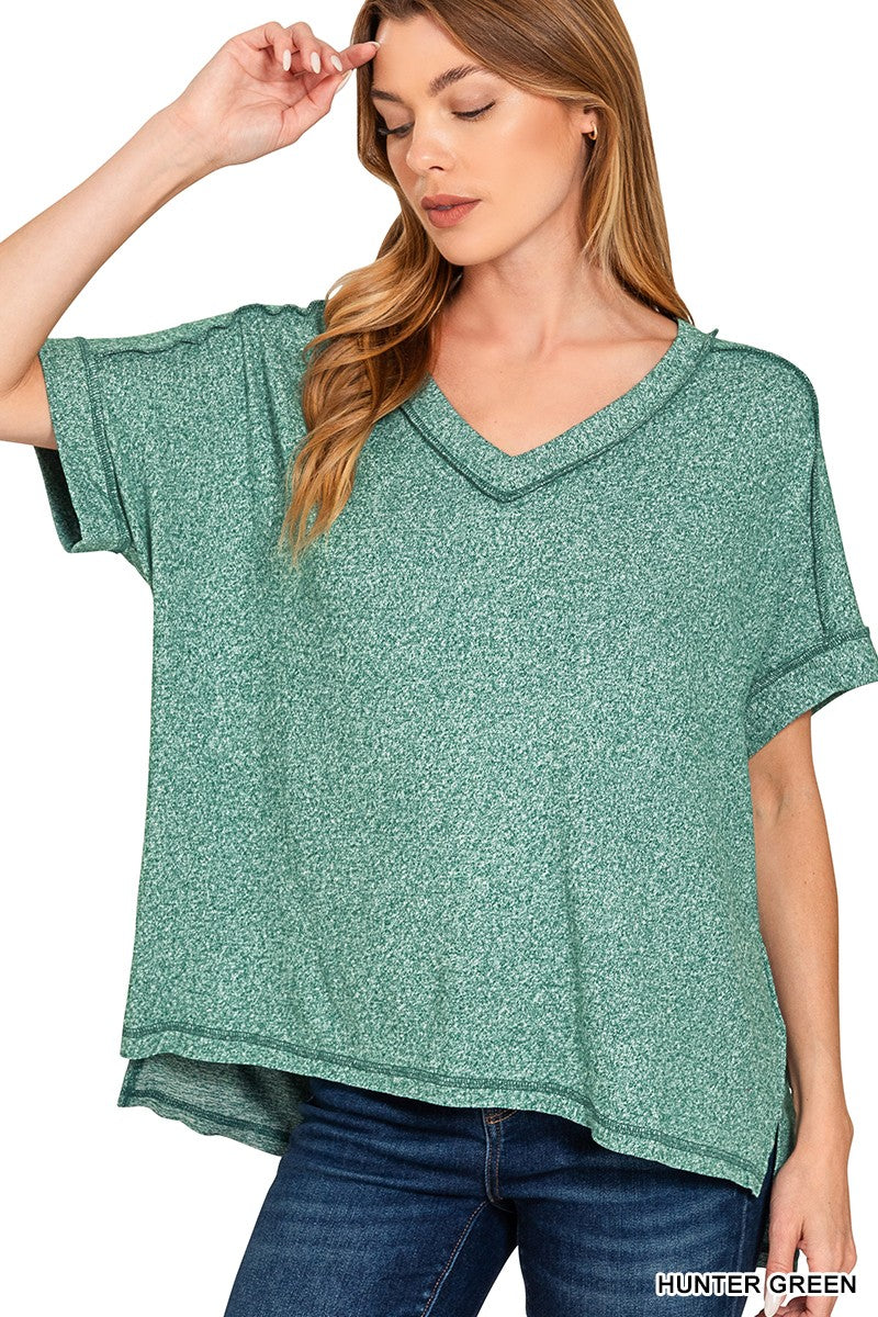 Soft Melange Hacci V-neck Short Sleeve Hi-Low Tee - Obsession Boutique