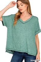 Soft Melange Hacci V-neck Short Sleeve Hi-Low Tee - Obsession Boutique
