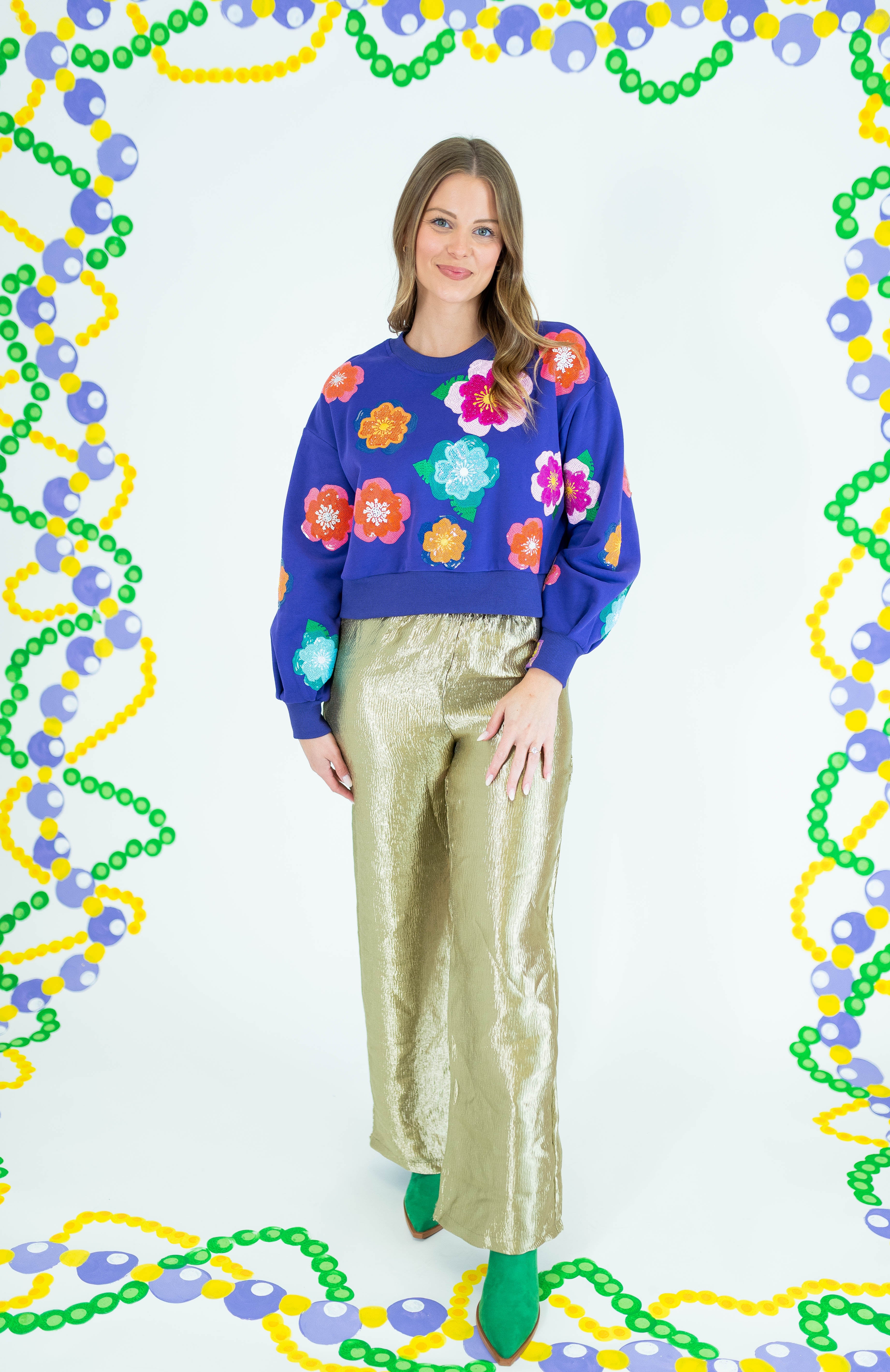 Queen Of Sparkles: Bright Purple Multi Float Flower Sweatshirt - Obsession Boutique