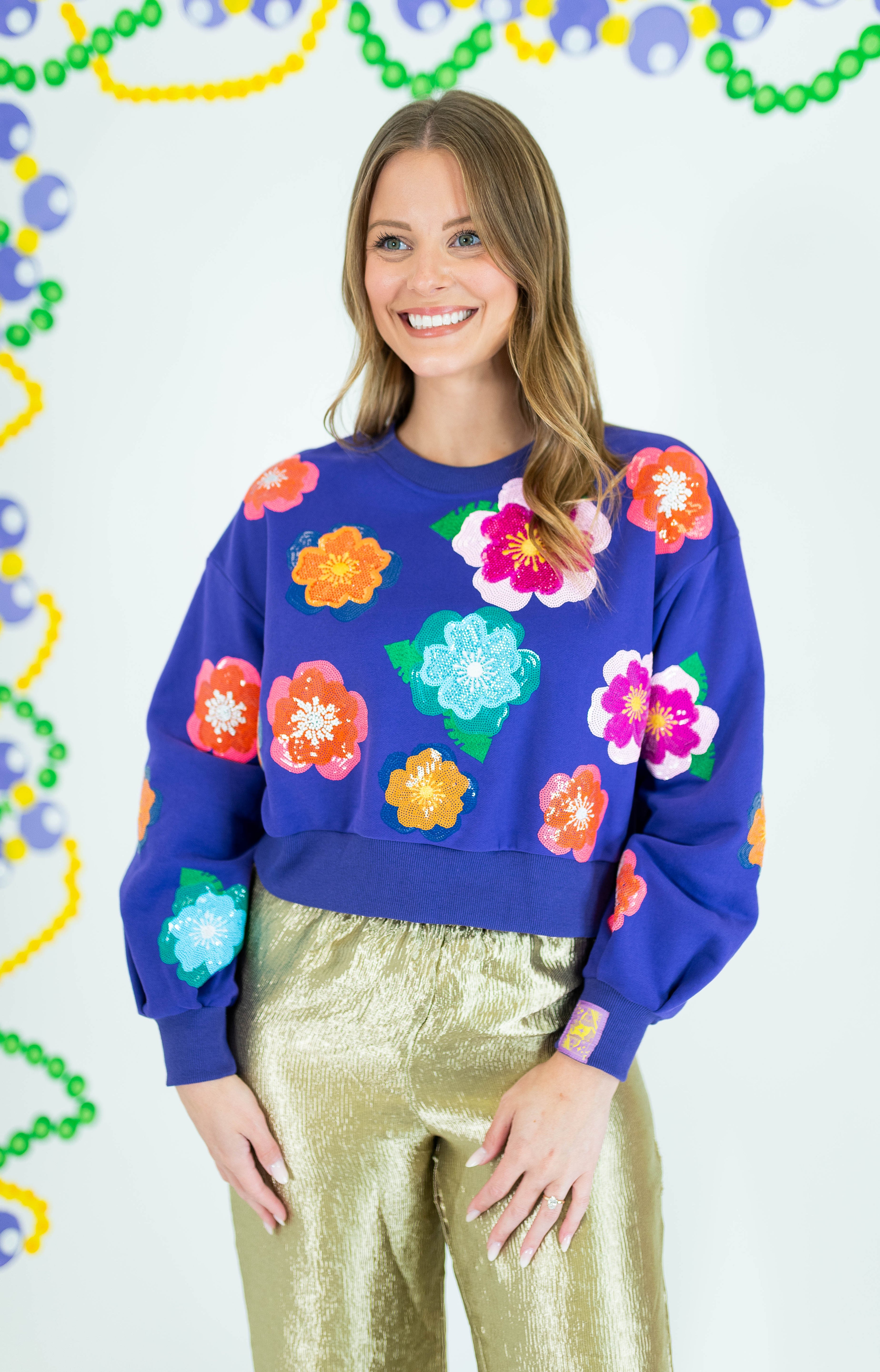 Queen Of Sparkles: Bright Purple Multi Float Flower Sweatshirt - Obsession Boutique