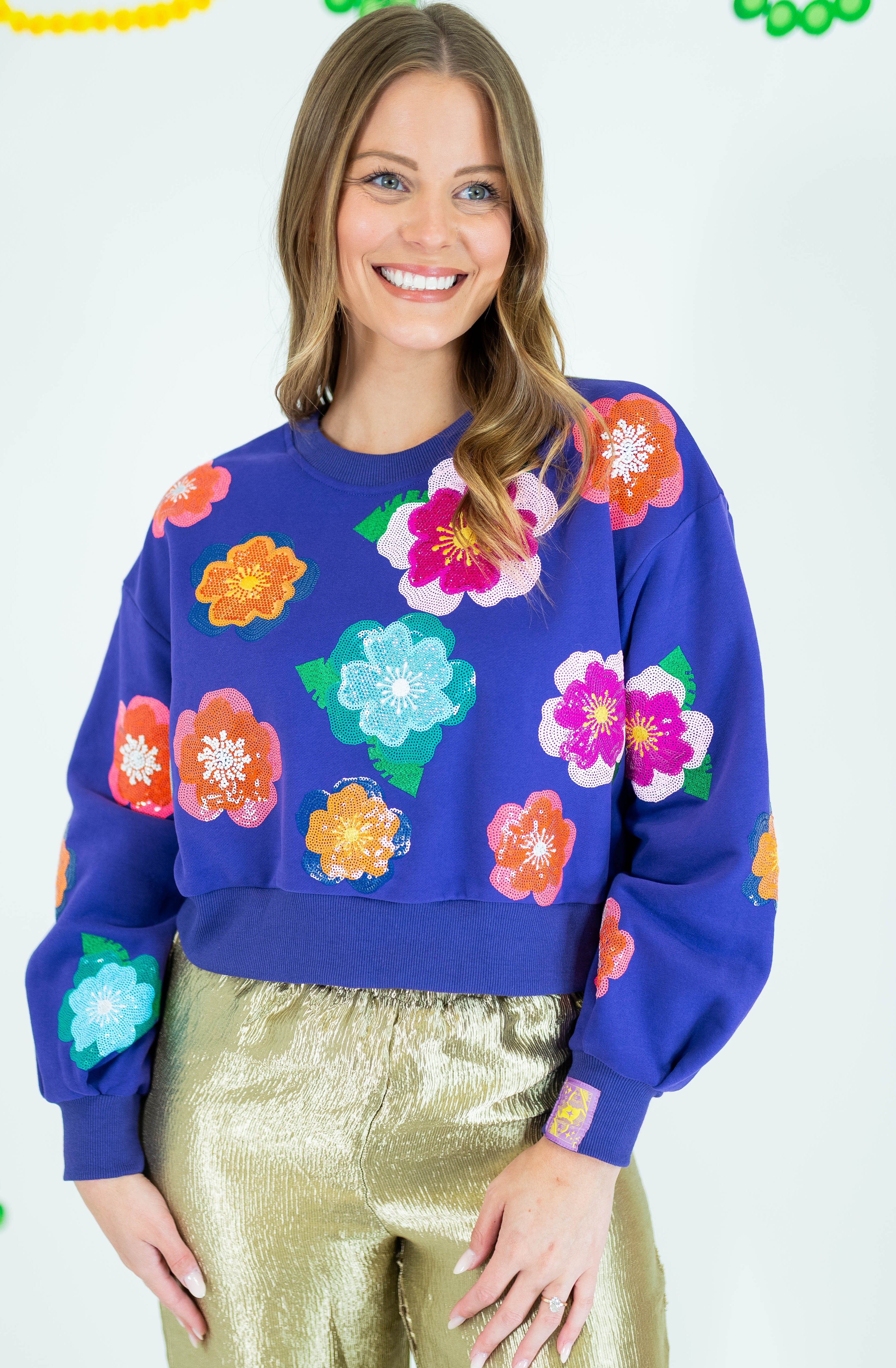 Queen Of Sparkles: Bright Purple Multi Float Flower Sweatshirt - Obsession Boutique