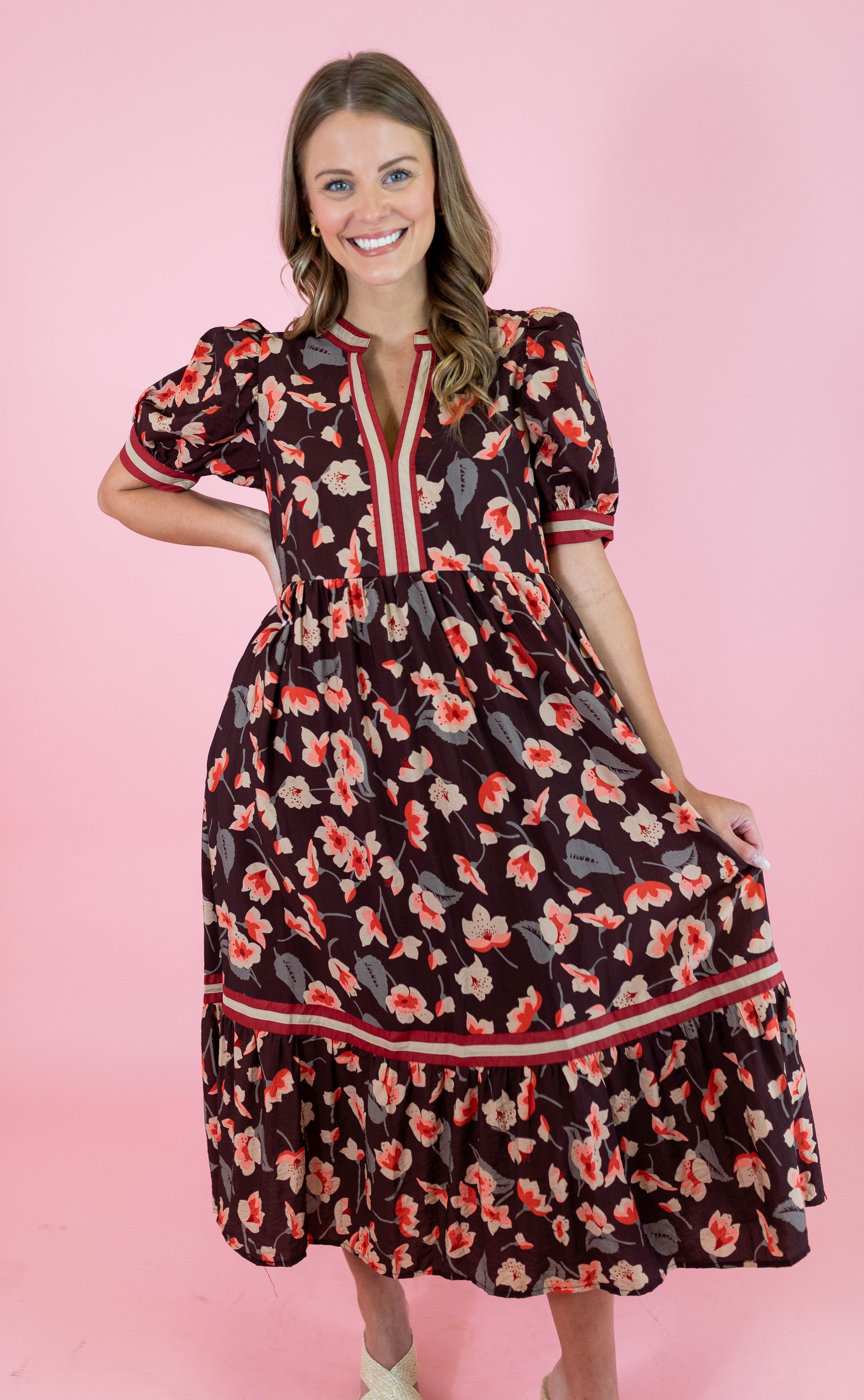Brown Floral Multicolor Band Midi Dress Obsession Boutique Brown Floral Multicolor Band Midi Dress Obsession Boutique