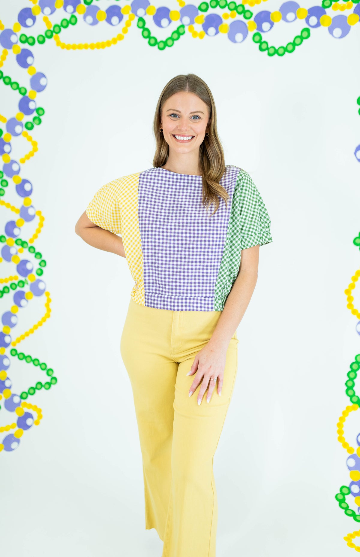 Mardi Gras Color Block Check Crop Blouse - Obsession Boutique