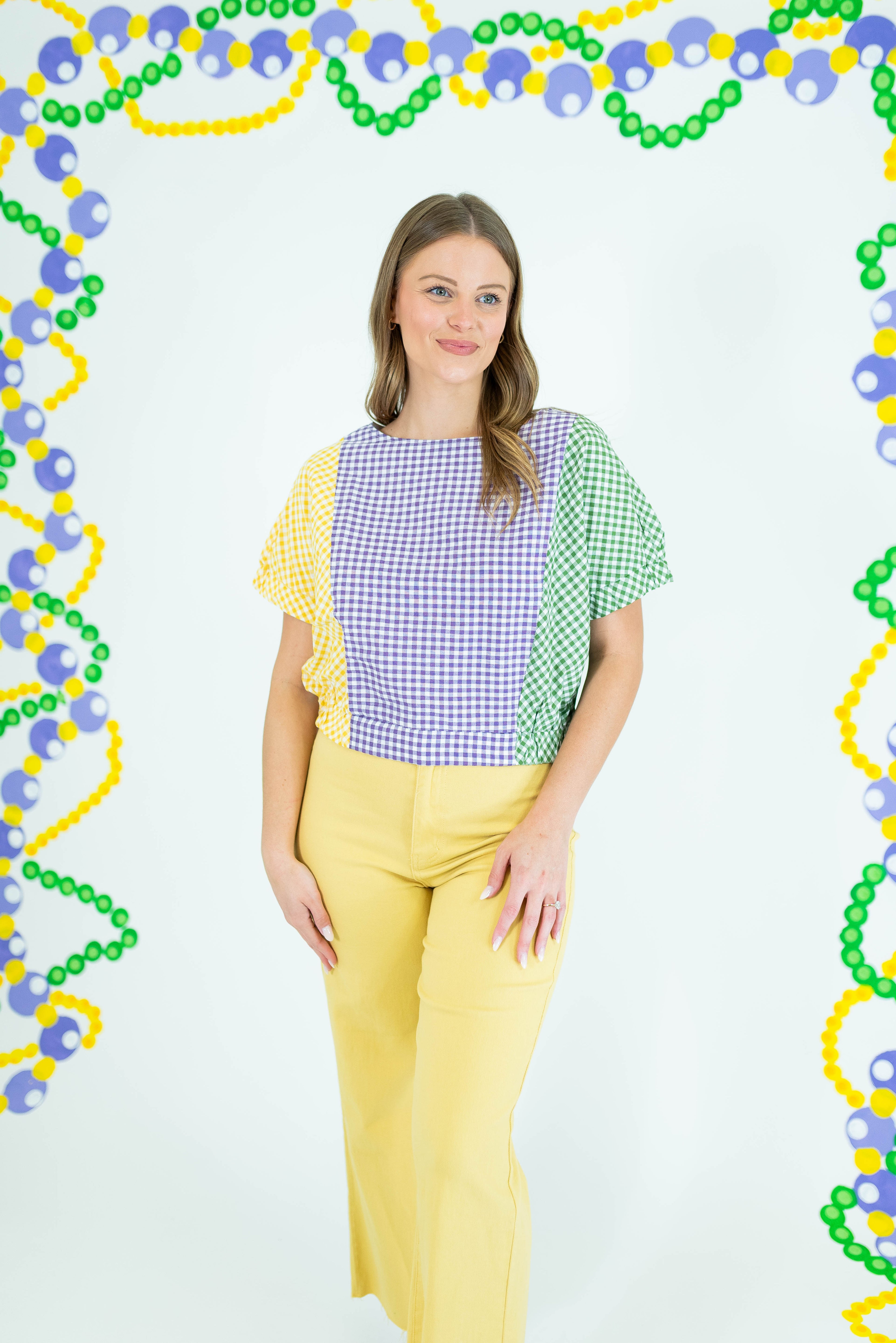 Mardi Gras Color Block Check Crop Blouse - Obsession Boutique