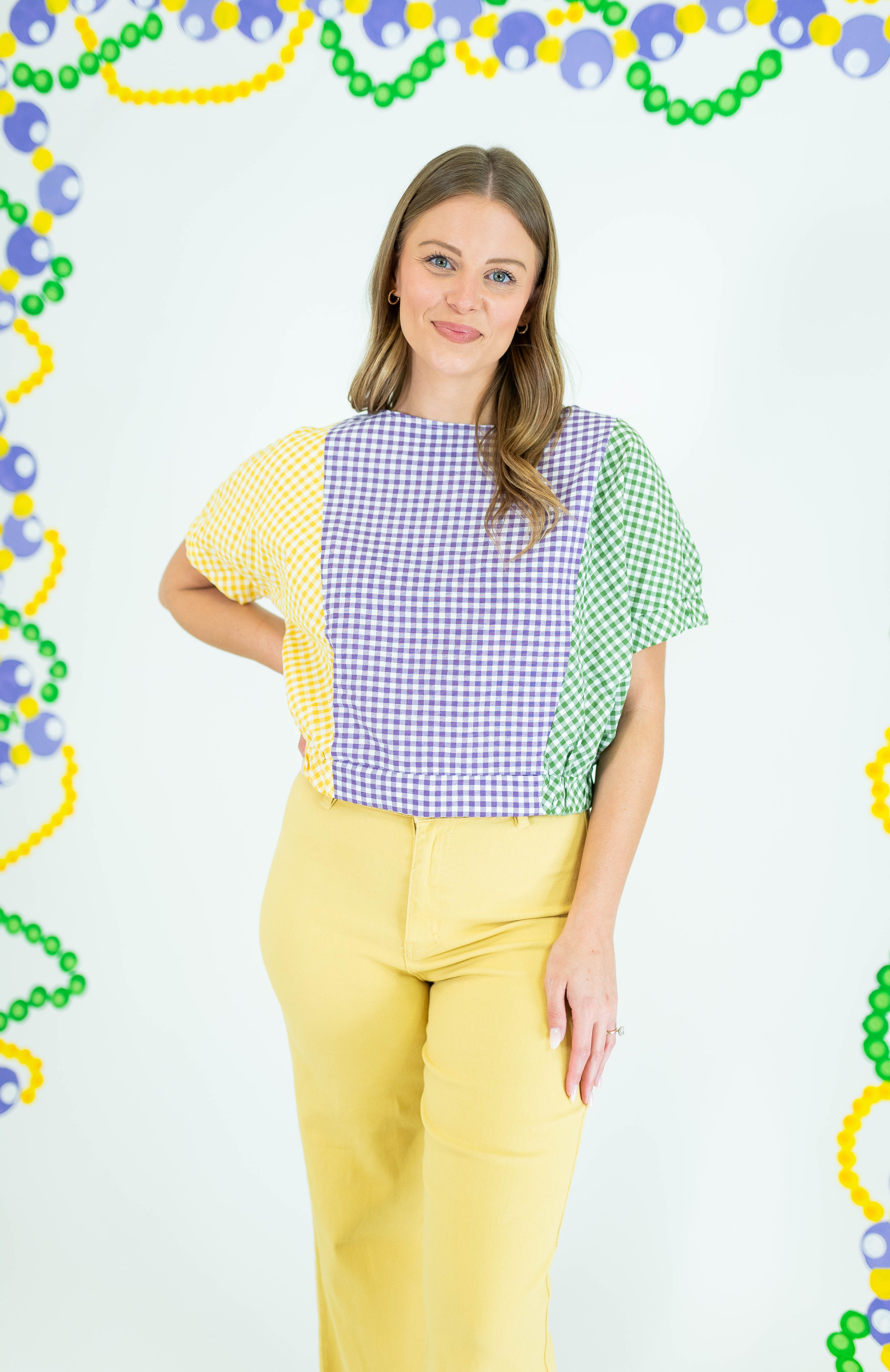 Mardi Gras Color Block Check Crop Blouse - Obsession Boutique