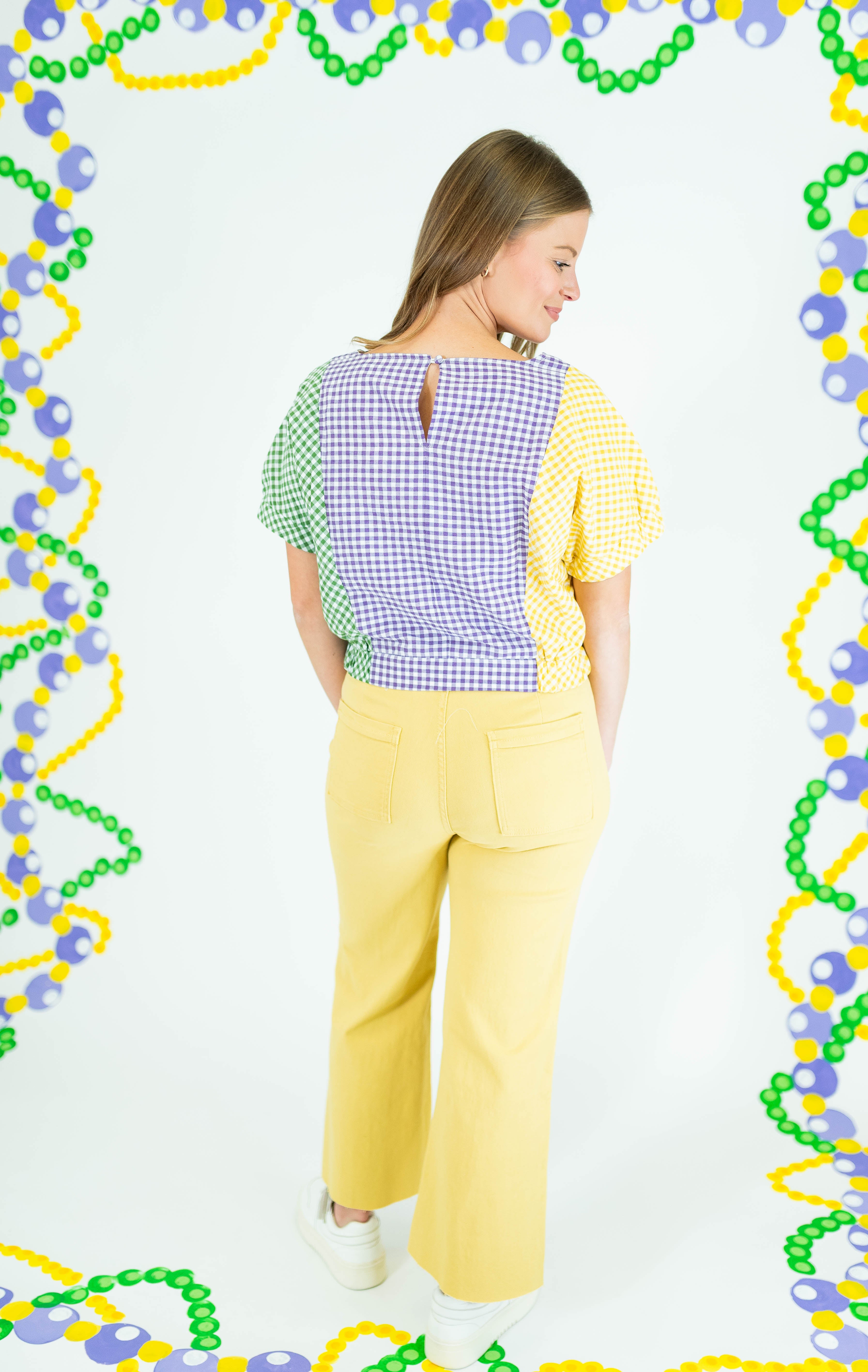 Mardi Gras Color Block Check Crop Blouse - Obsession Boutique