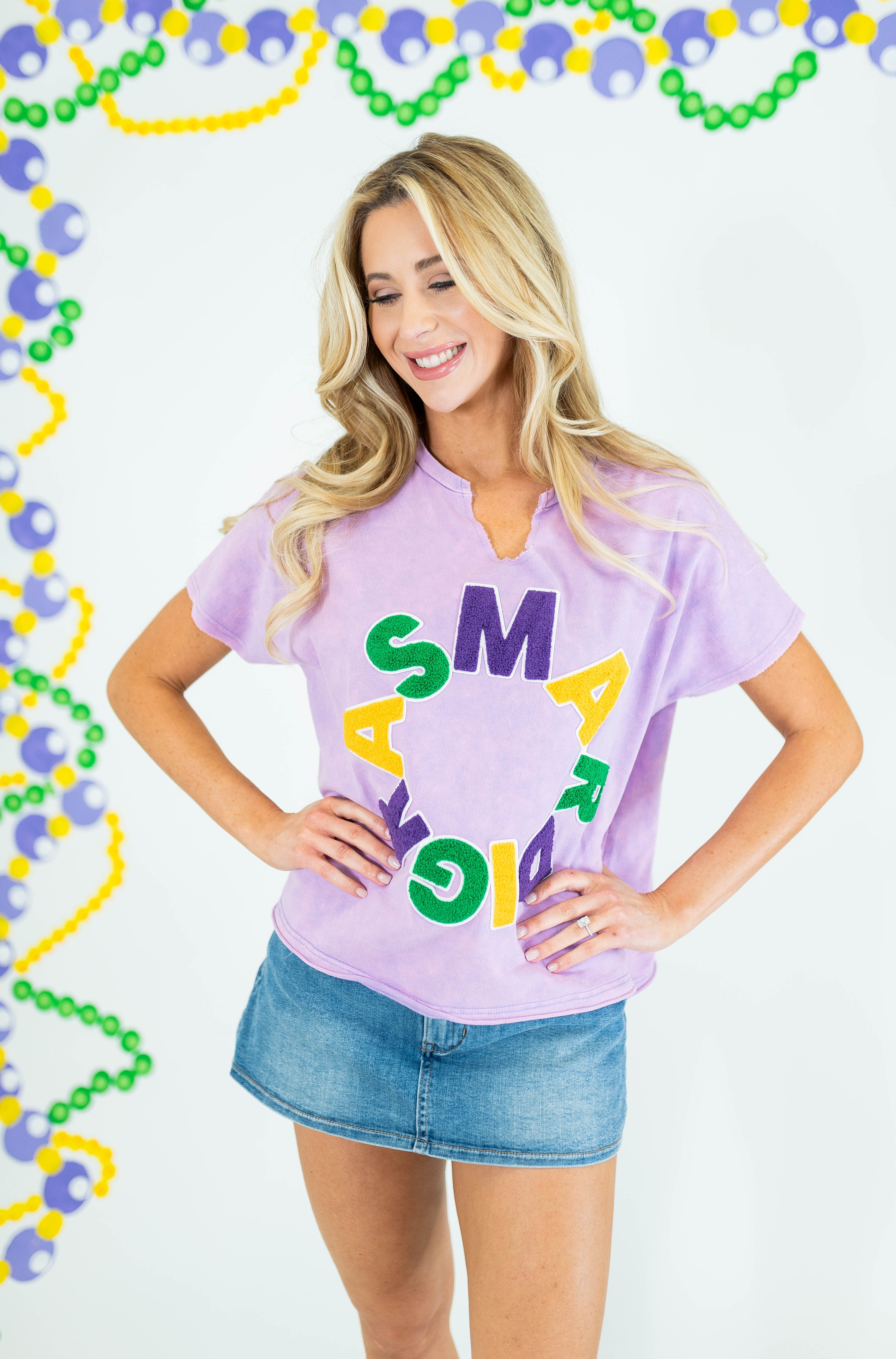 Mardi Gras Mineral Wash Fuzzy Patch Knit Top - Obsession Boutique