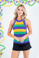 Mardi Gras Striped Halter Neck Sweater Tank Top - Obsession Boutique