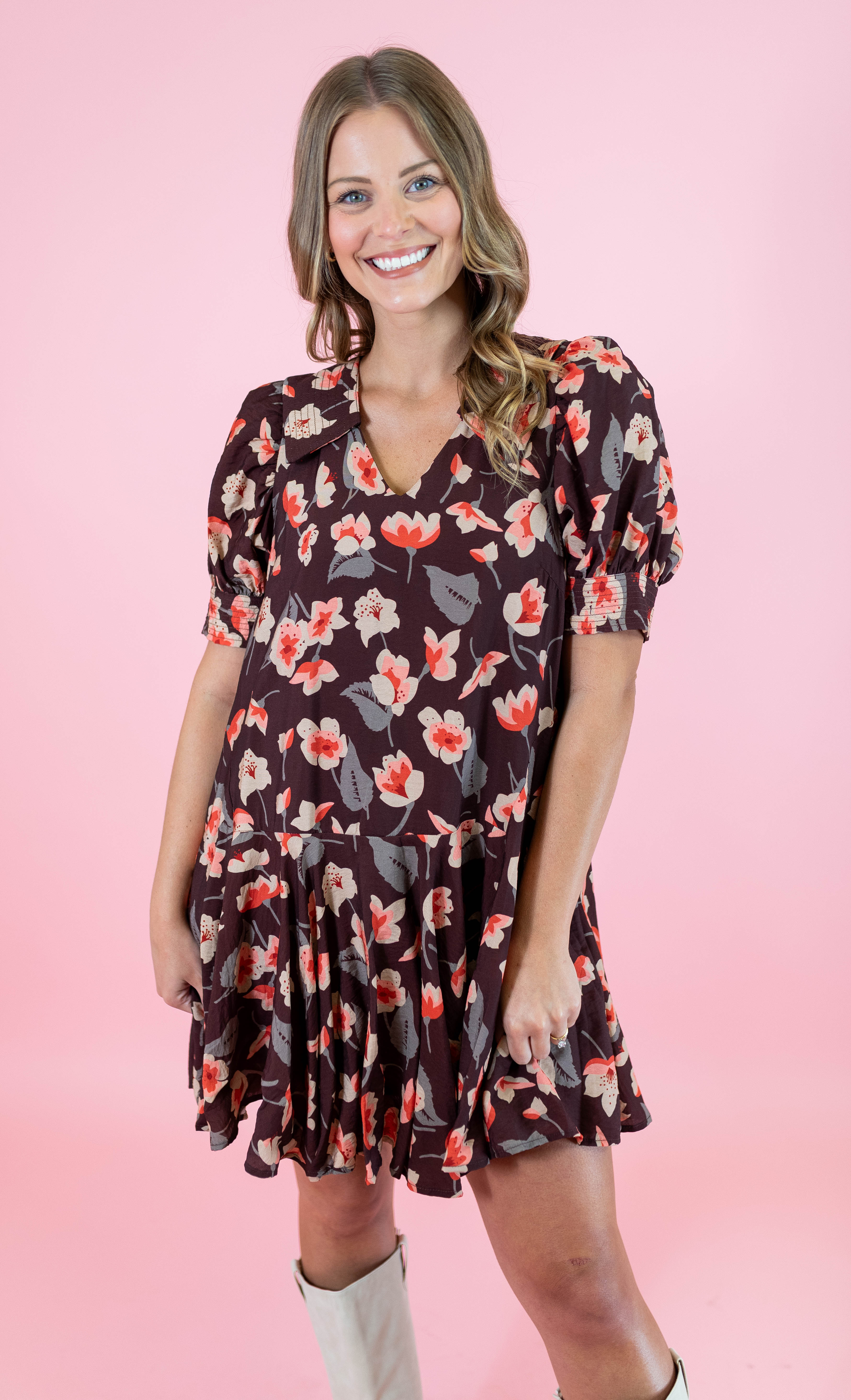 Stitched V-Neck Floral Flounce Mini Dress - Brown Obsession Boutique Stitched V-Neck Floral Flounce Mini Dress - Brown Obsession Boutique