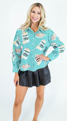 Queen Of Sparkles: Green Stripe Cafe Du Monde Icon Top - Obsession Boutique