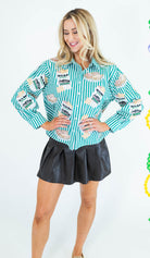 Queen Of Sparkles: Green Stripe Cafe Du Monde Icon Top - Obsession Boutique