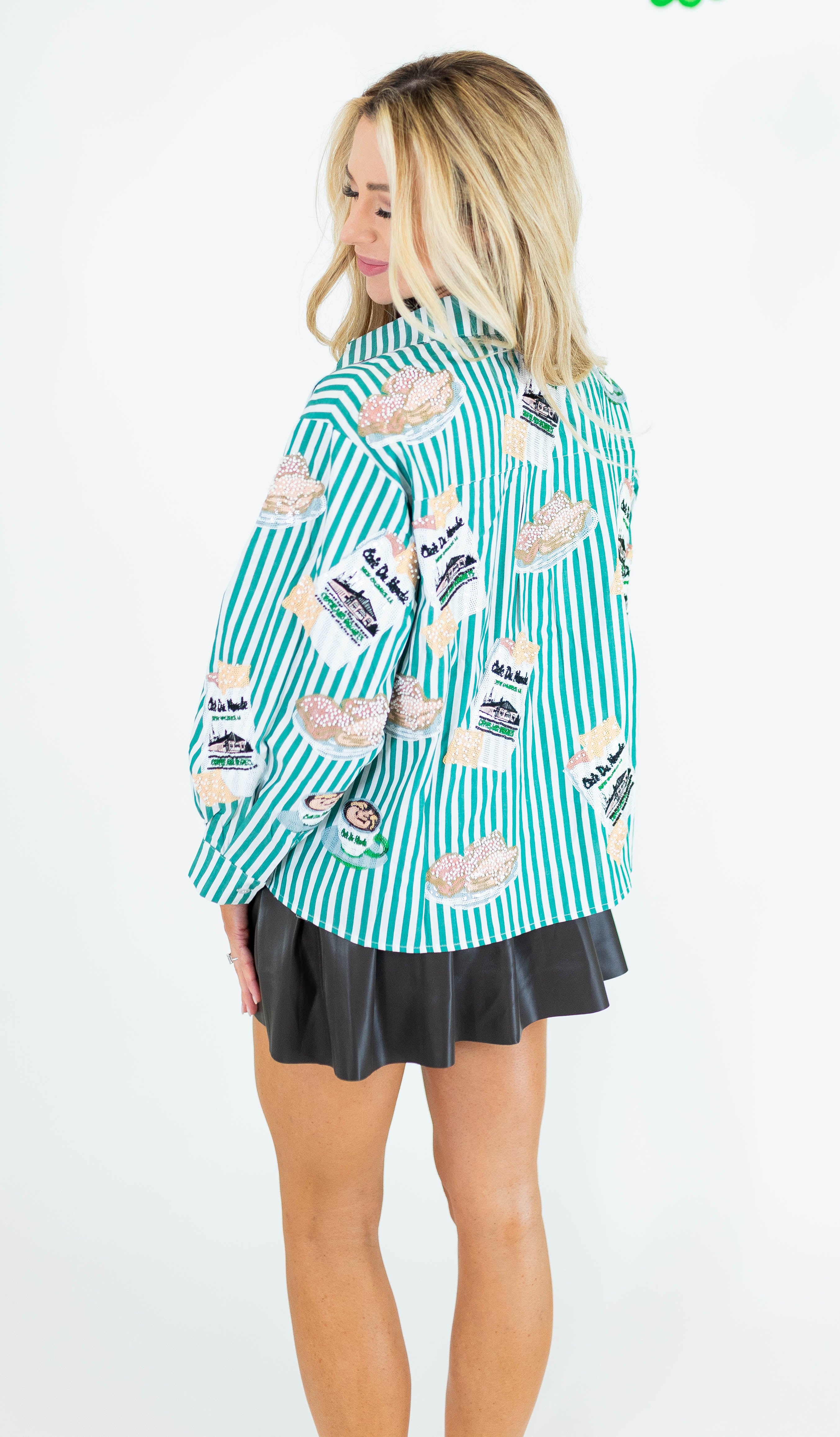 Queen Of Sparkles: Green Stripe Cafe Du Monde Icon Top - Obsession Boutique