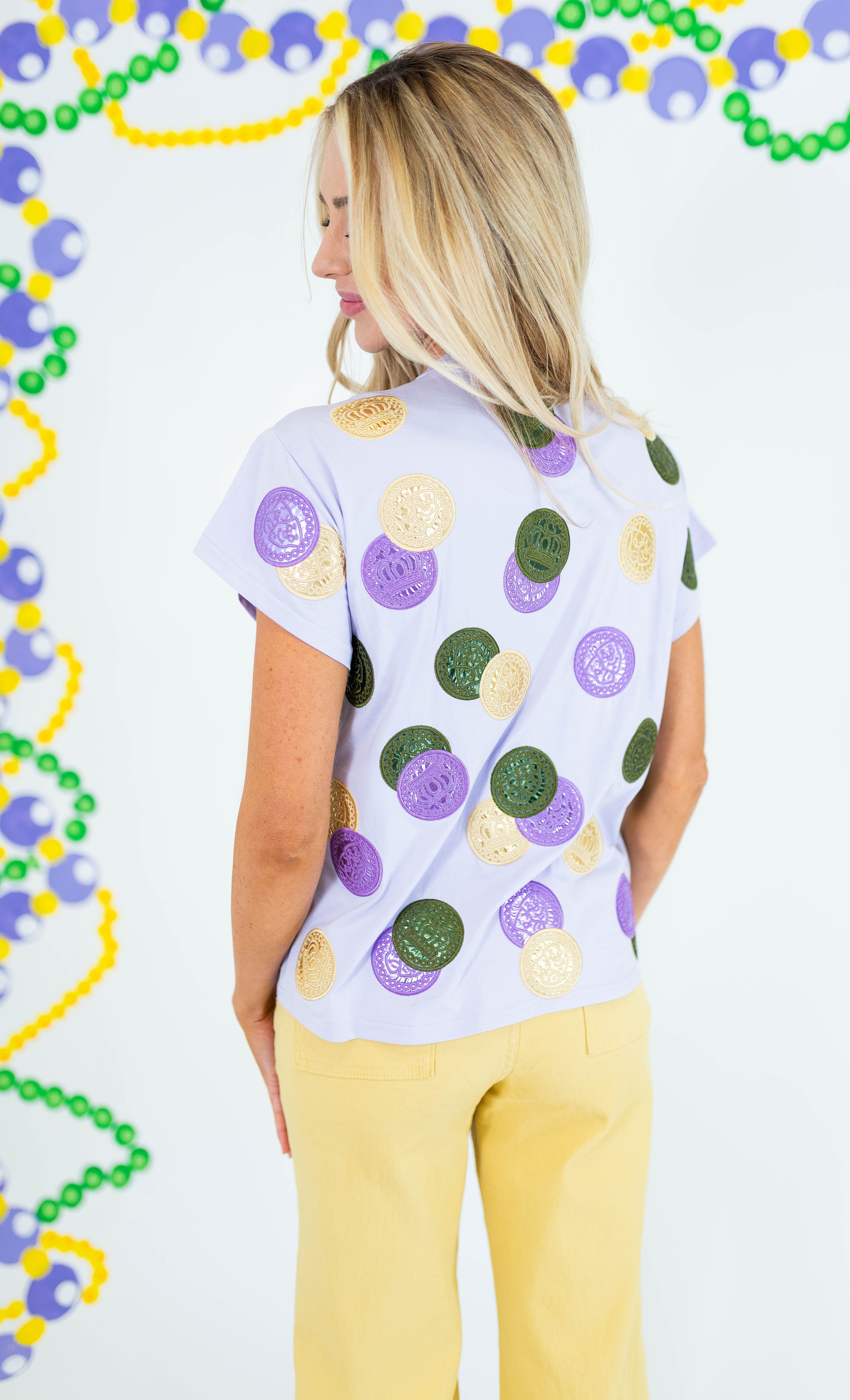 Queen Of Sparkles: Lavender Mardi Gras Doubloon Tee - Obsession Boutique