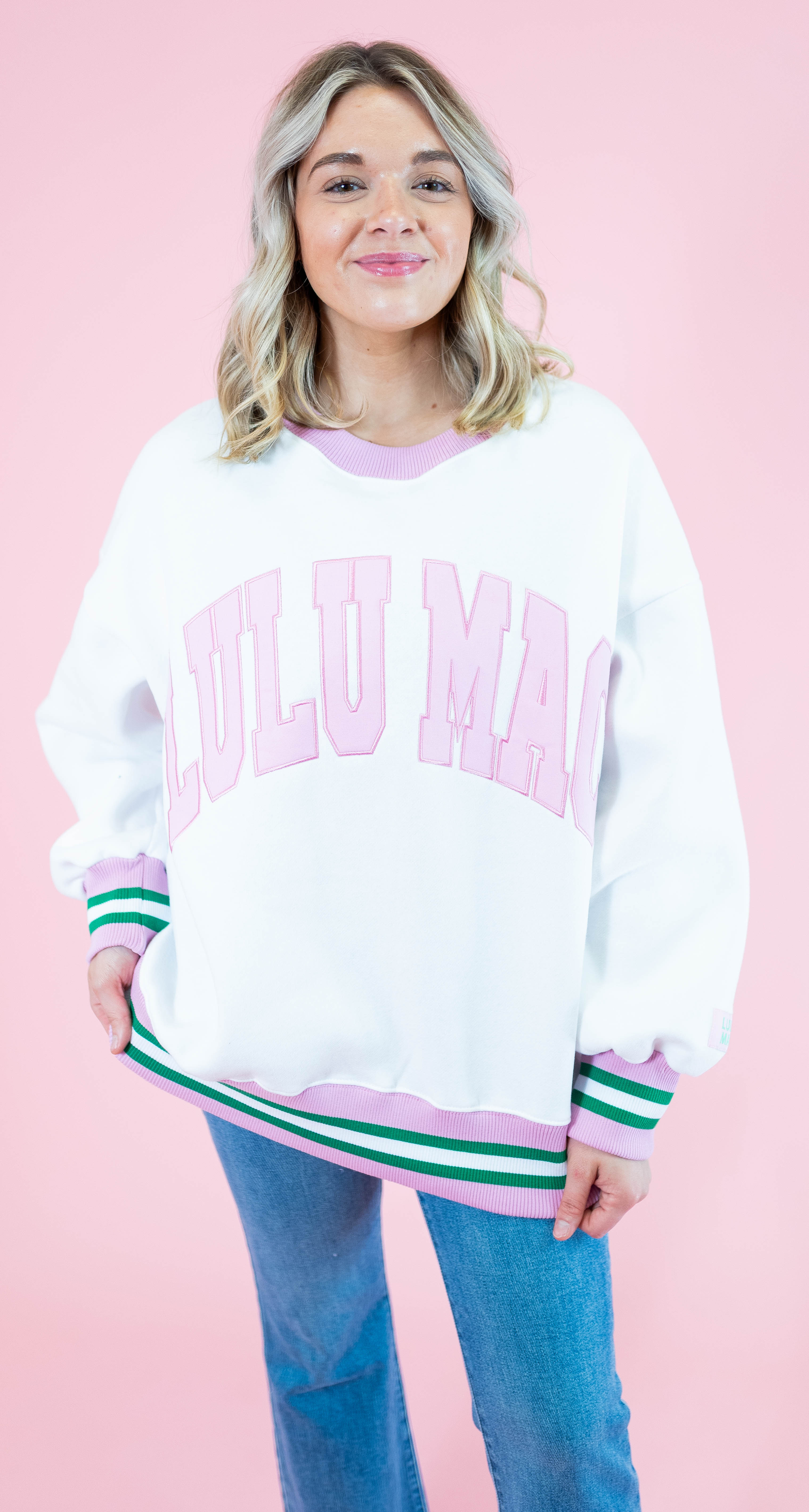 Lulu Mac: White & Pink Stitch Sweatshirt - Obsession Boutique