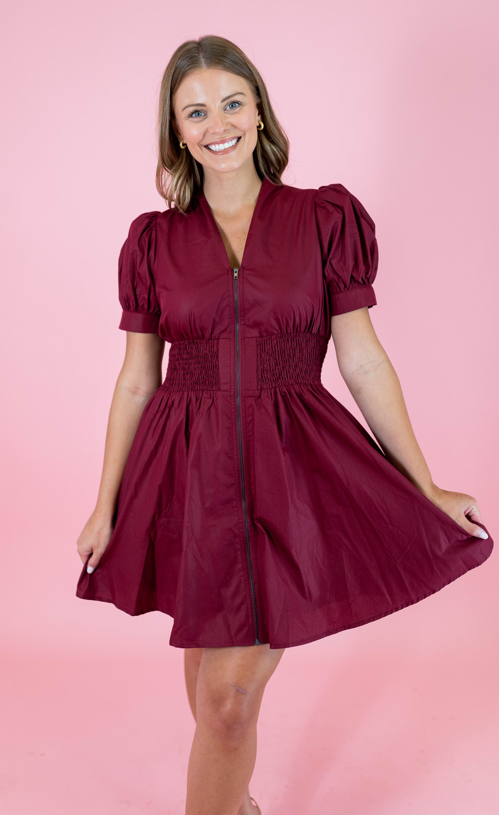 Puff Sleeve Maroon Short Sleeve Dress Burgundy Short Sleeve Tea