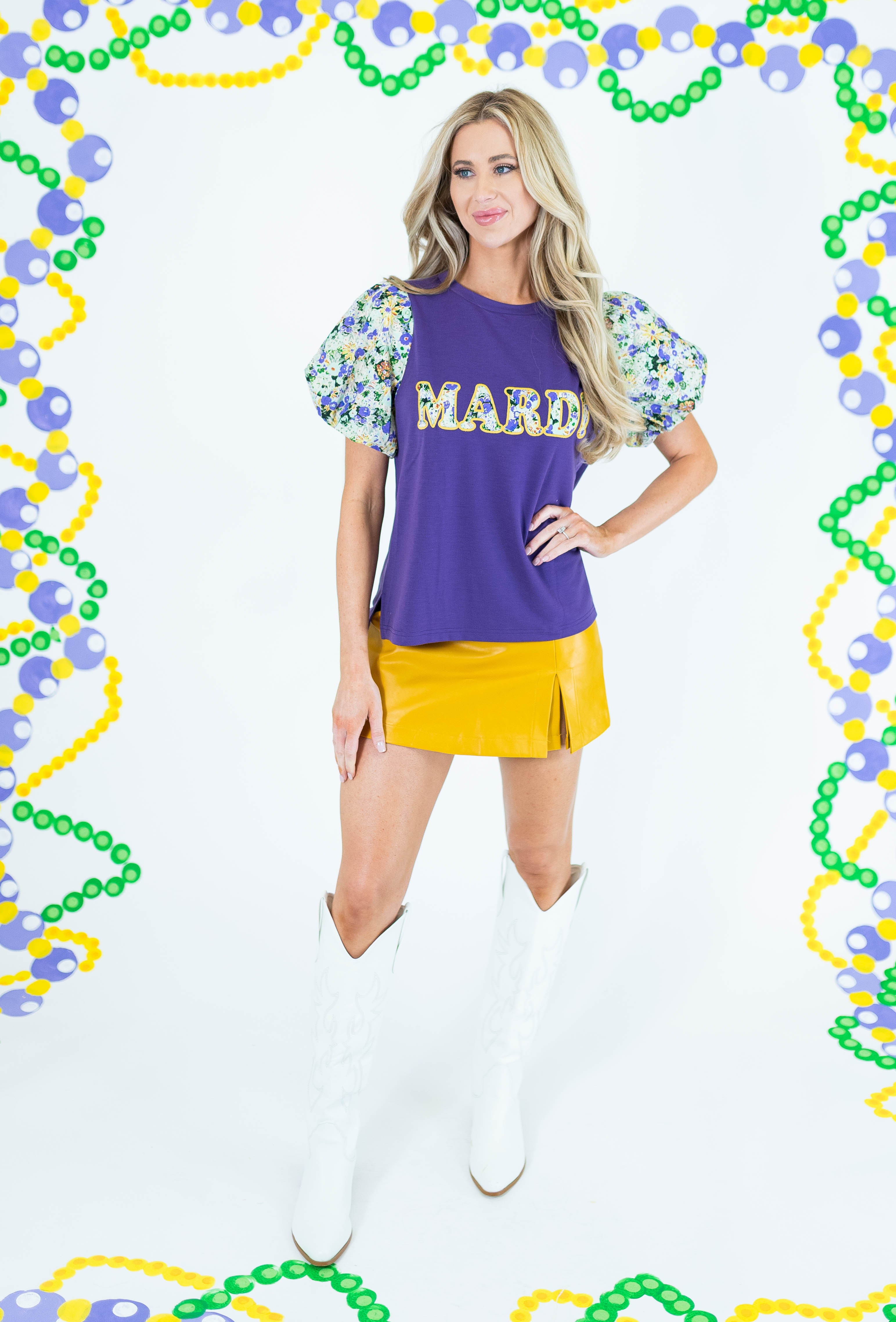 Mardi Gras Patch Bubble Sleeve Knit Top - Obsession Boutique
