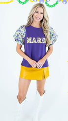 Mardi Gras Patch Bubble Sleeve Knit Top - Obsession Boutique