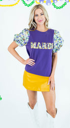 Mardi Gras Patch Bubble Sleeve Knit Top - Obsession Boutique