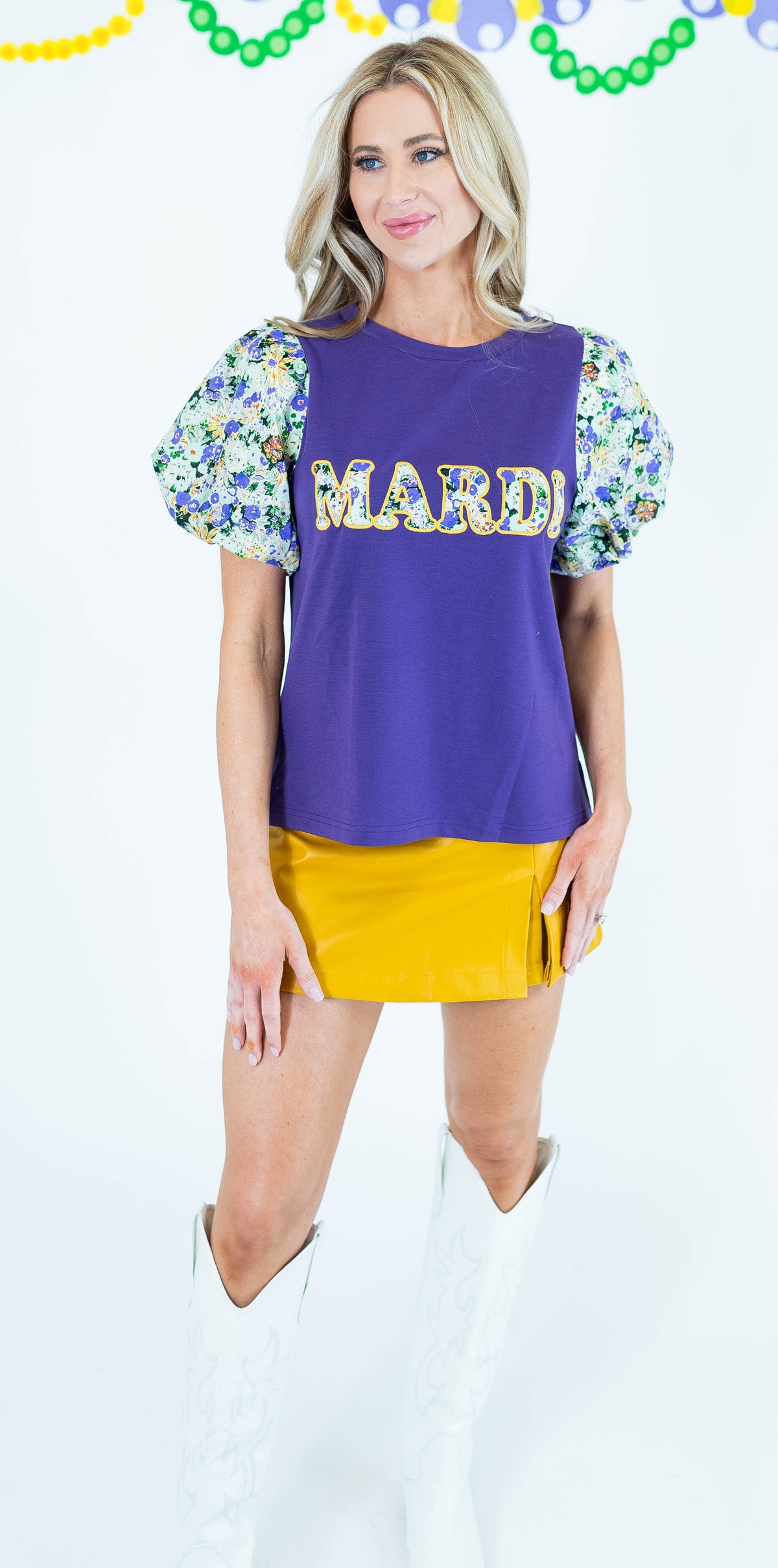 Mardi Gras Patch Bubble Sleeve Knit Top - Obsession Boutique