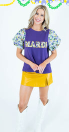 Mardi Gras Patch Bubble Sleeve Knit Top - Obsession Boutique