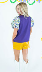 Mardi Gras Patch Bubble Sleeve Knit Top - Obsession Boutique