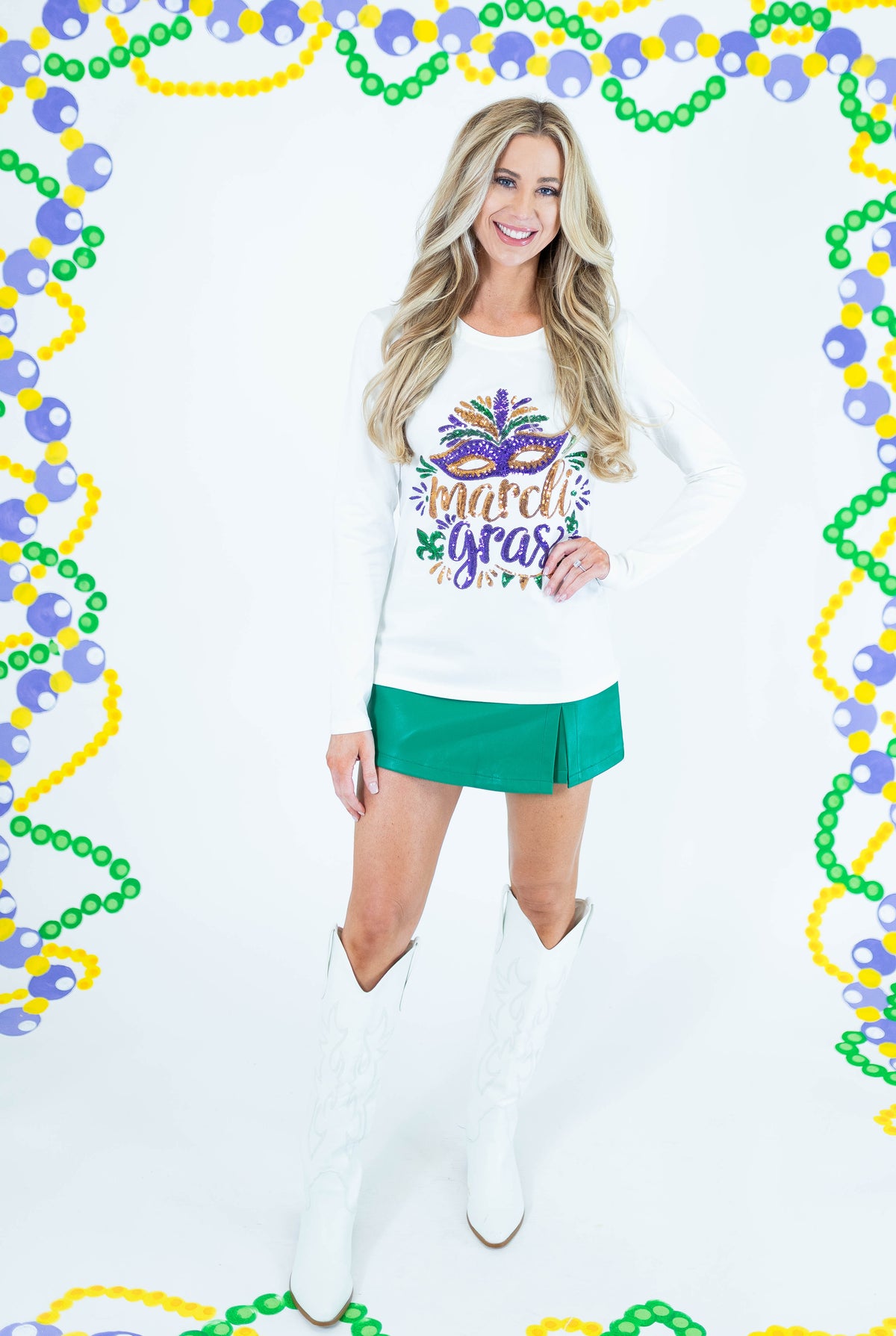 Mardi Gras Sequin Mask Long Sleeve Top - White - Obsession Boutique