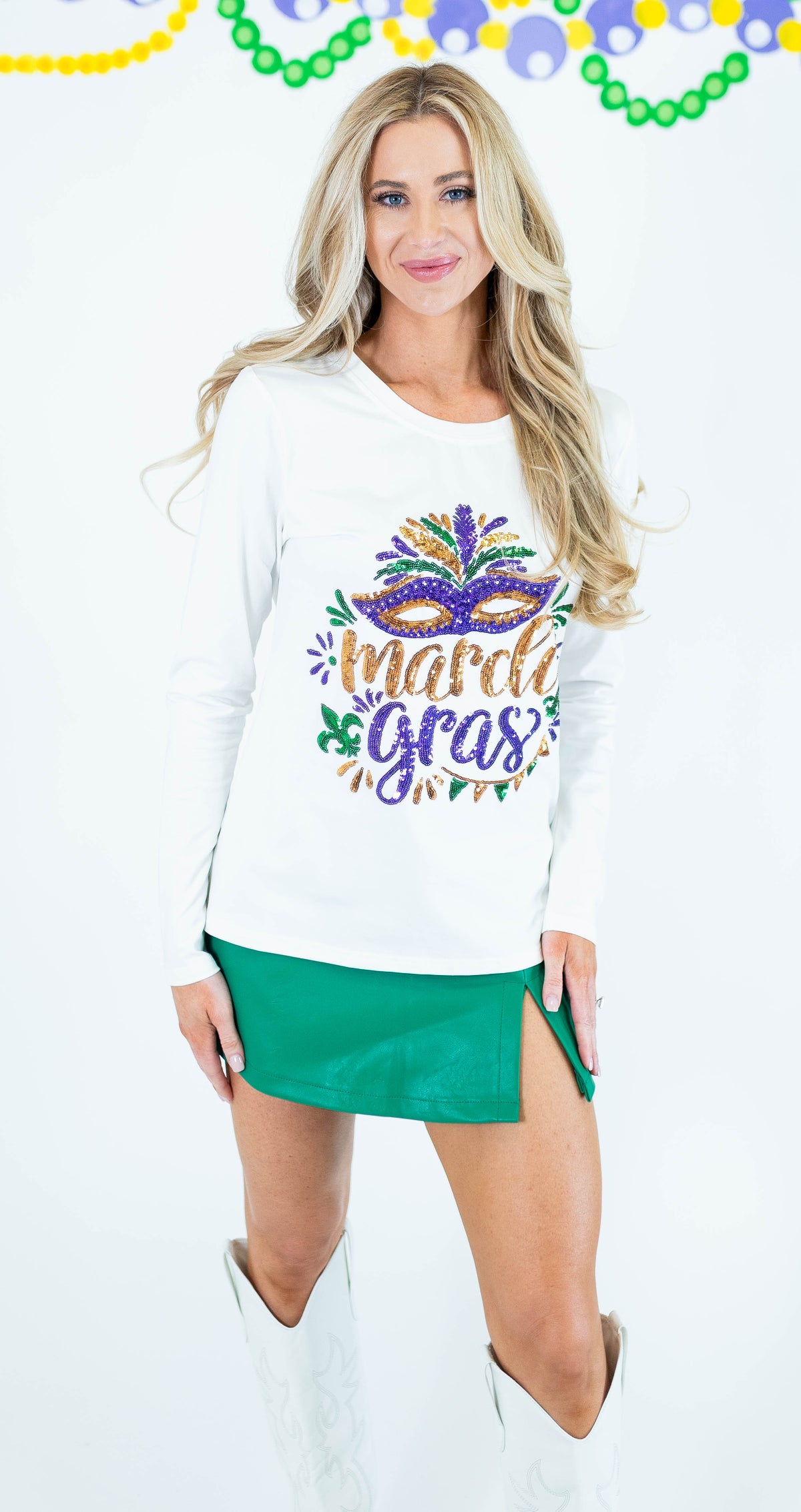 Mardi Gras Sequin Mask Long Sleeve Top - White - Obsession Boutique