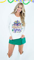 Mardi Gras Sequin Mask Long Sleeve Top - White - Obsession Boutique