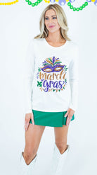 Mardi Gras Sequin Mask Long Sleeve Top - White - Obsession Boutique