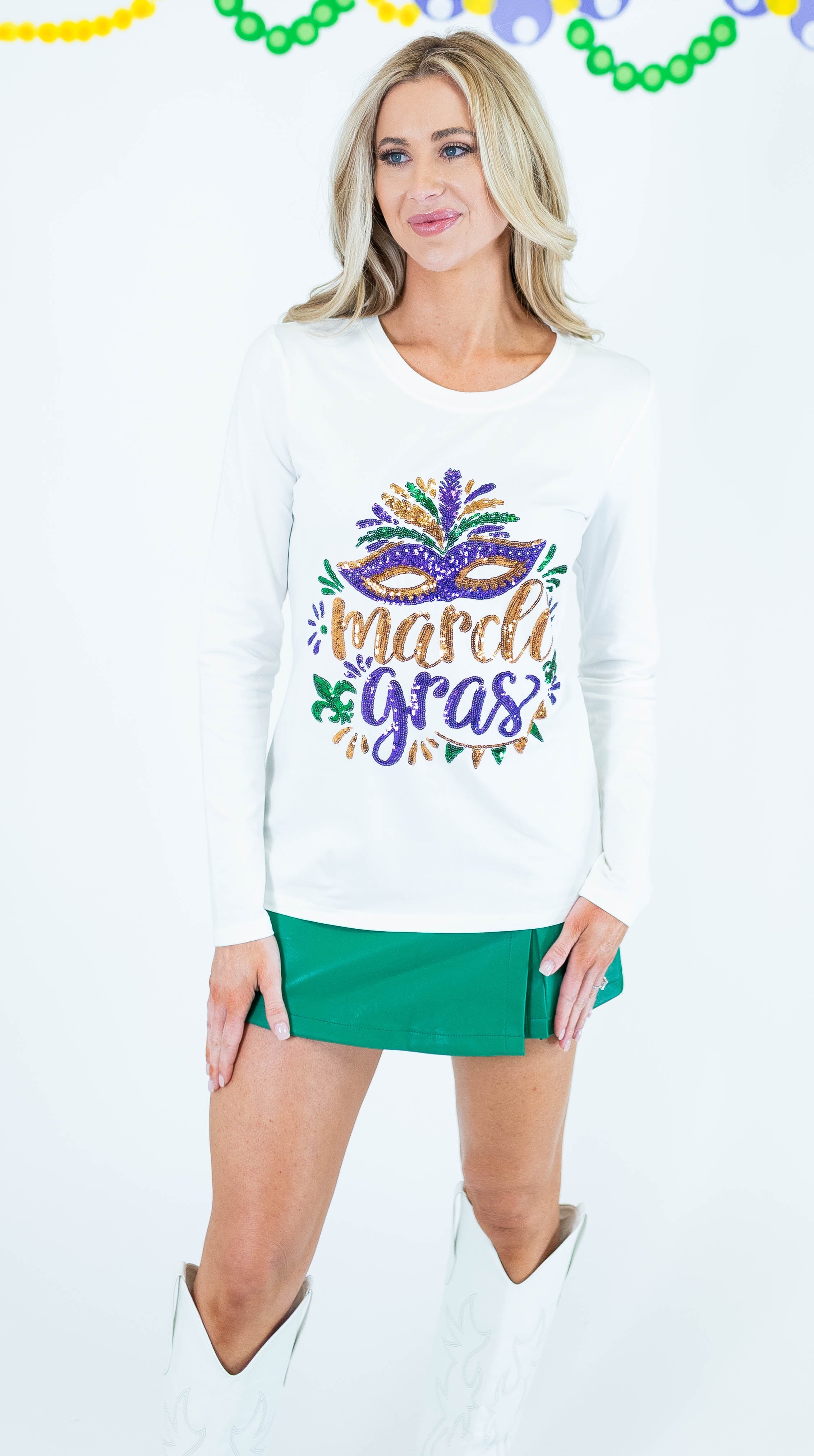 Mardi Gras Sequin Mask Long Sleeve Top - White - Obsession Boutique